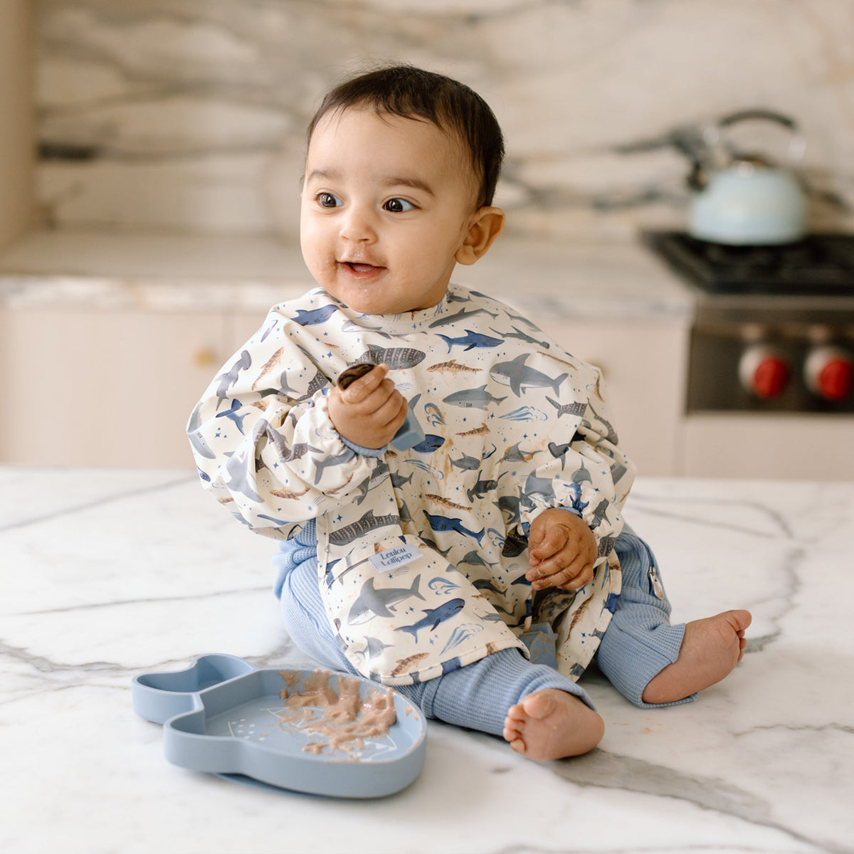 Long Sleeve Bib - Smiley Sharks