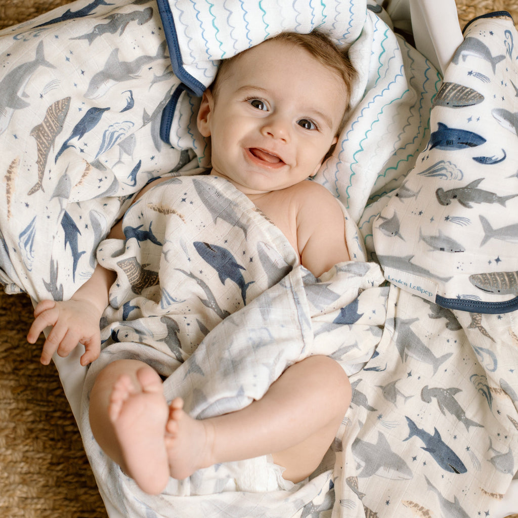 Muslin Swaddle - Smiley Sharks