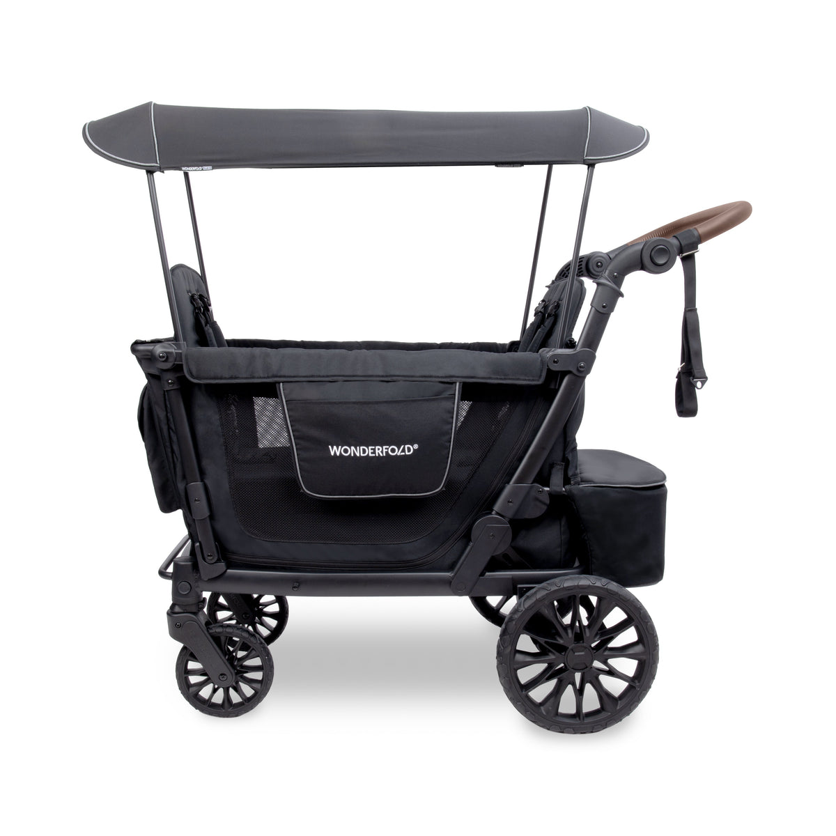 Black stroller with canopy on a white background