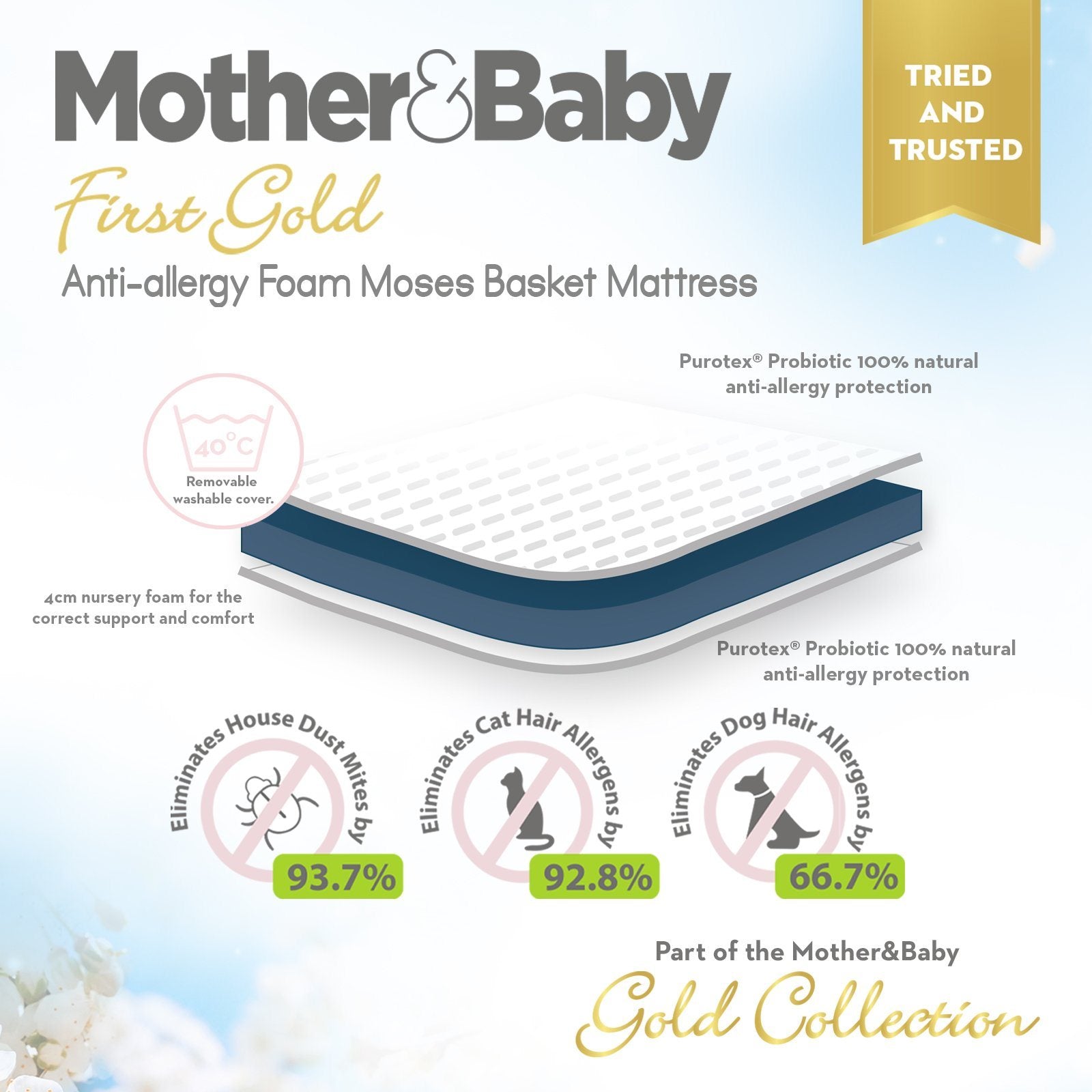 Mother&Baby First Gold Anti-Allergy Foam Moses Basket Small 66 x 28cm