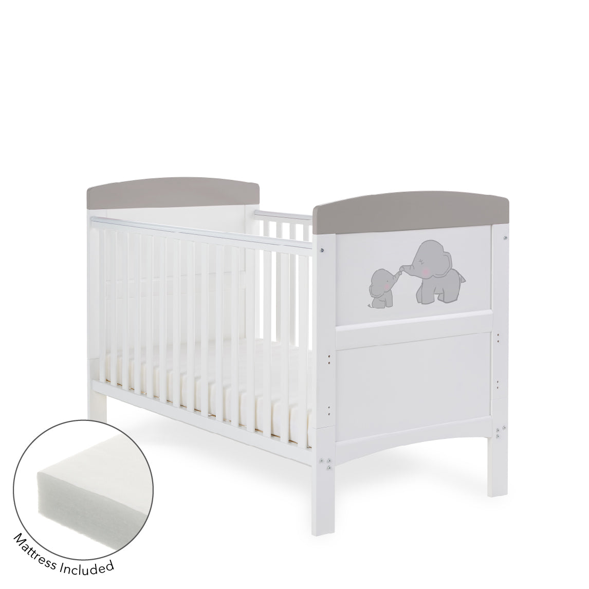 Obaby Grace Inspire Cot Bed & Fibre Mattress -  Me & Mini Me Elephants - Grey