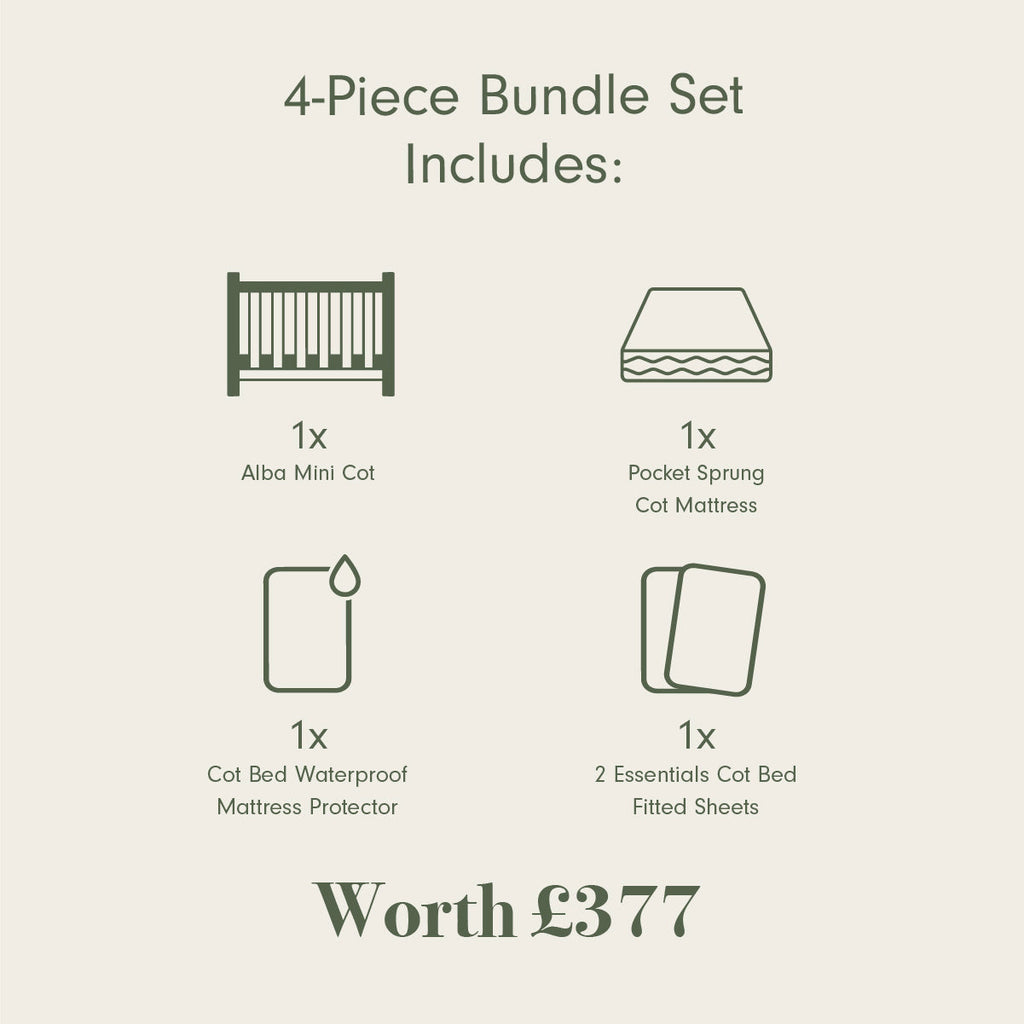 Tutti Bambini Essentials Alba Mini Cot Bed, Mattress & Bedding Bundle - White