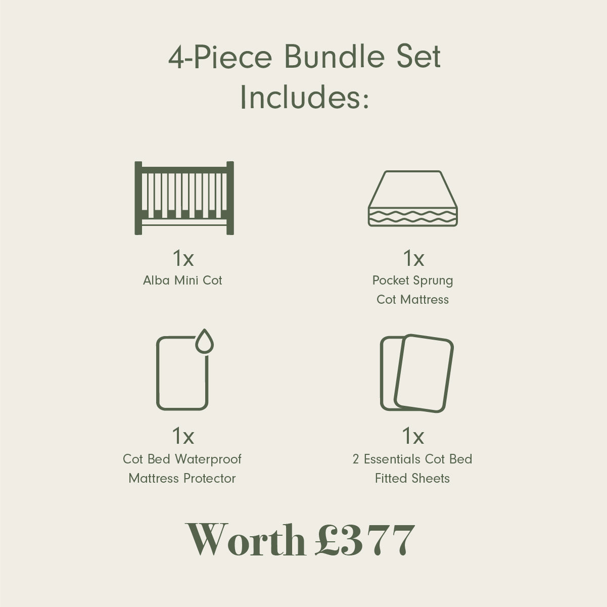 Tutti Bambini Essentials Alba Mini Cot Bed, Mattress & Bedding Bundle - White