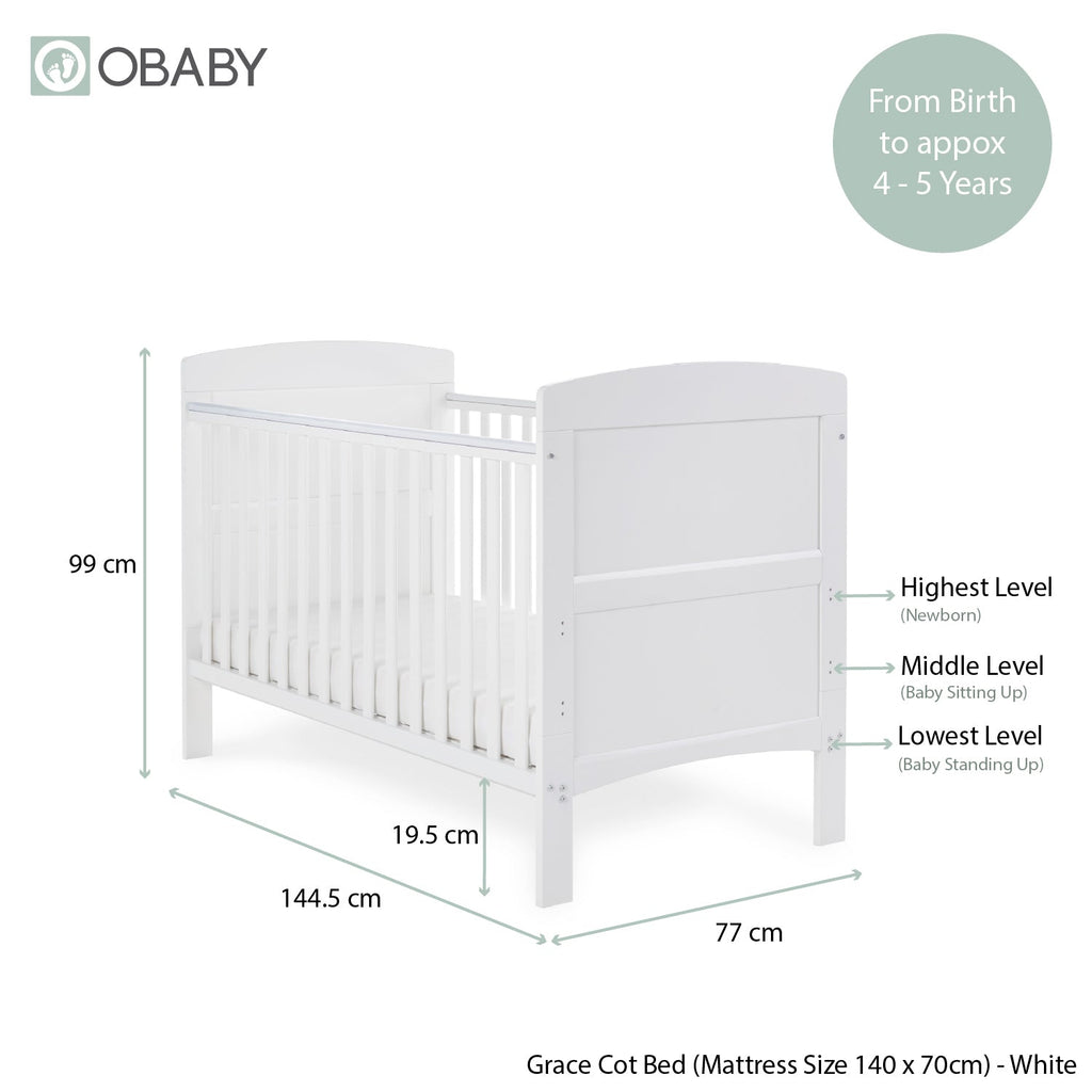 Obaby Grace Cot Bed, Cot Top Changer + Fibre Mattress - White