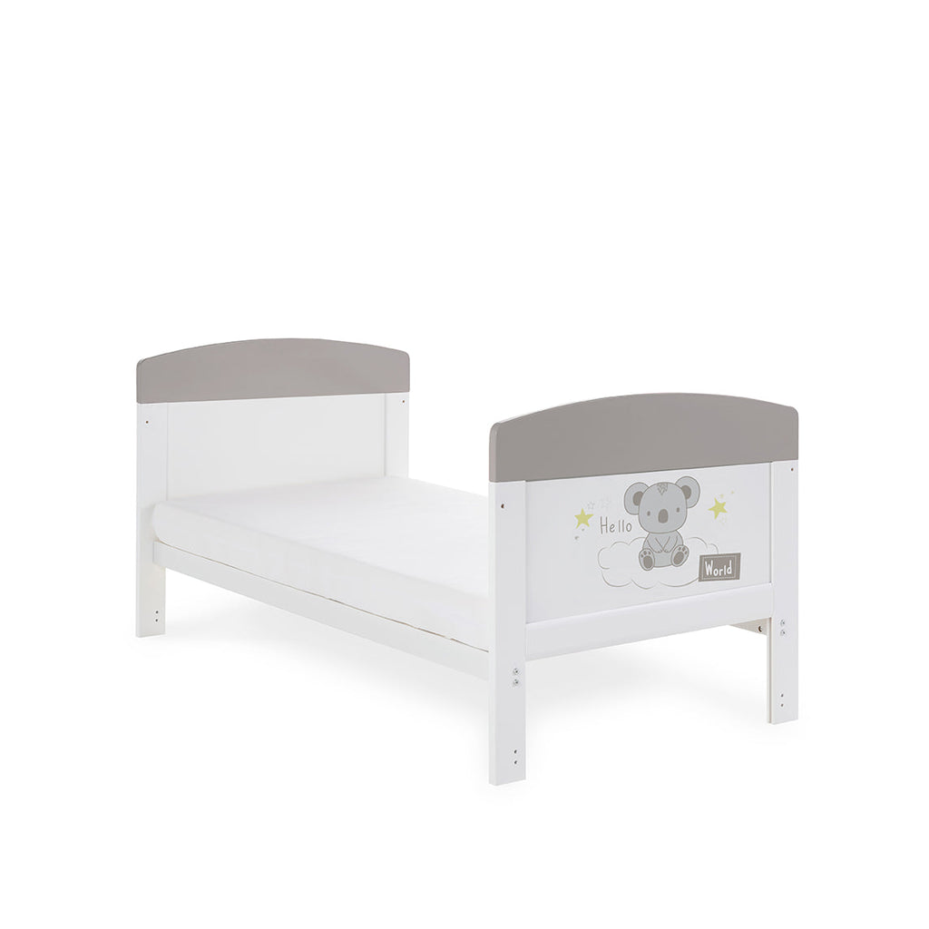 Obaby Grace Inspire Cot Bed & Fibre Mattress - Hello World Koala - Grey