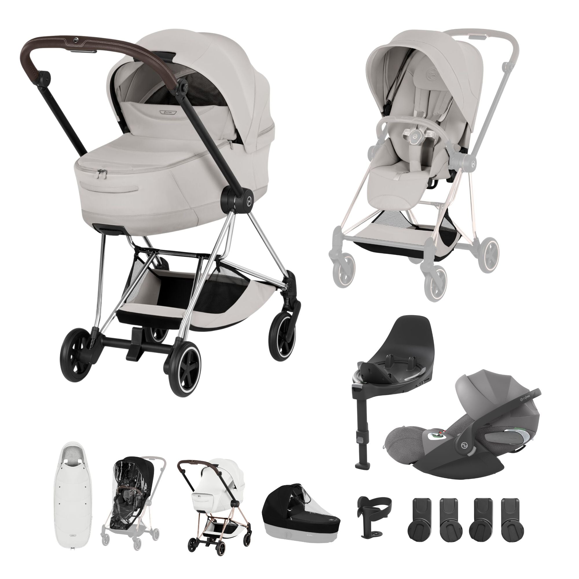 Cybex Mios Fold Cot Ultimate Travel System Bundle - Style City Grey & Chrome Brown Frame