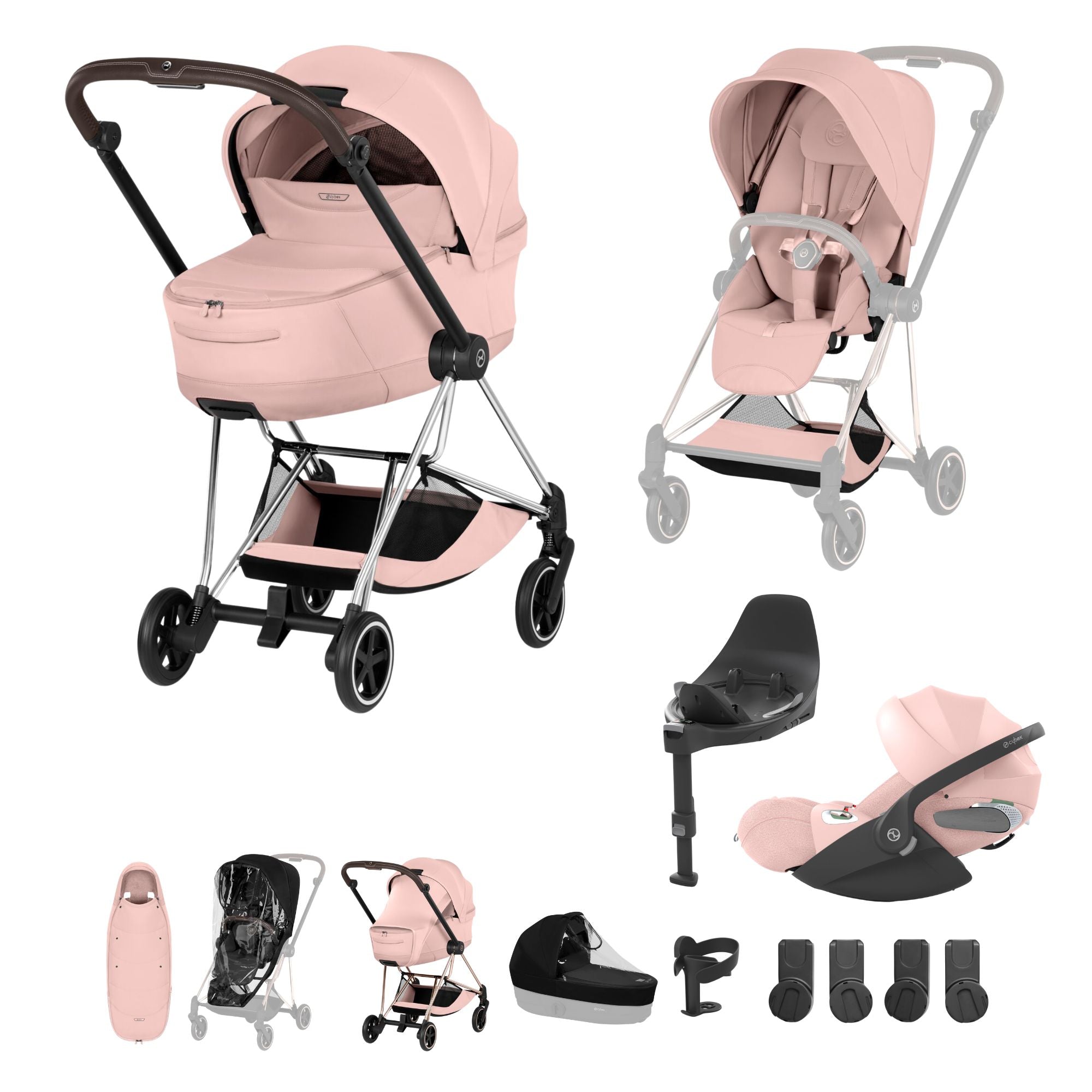 Cybex Mios Fold Cot Ultimate Travel System Bundle - Style Peach Pink & Chrome Brown Frame