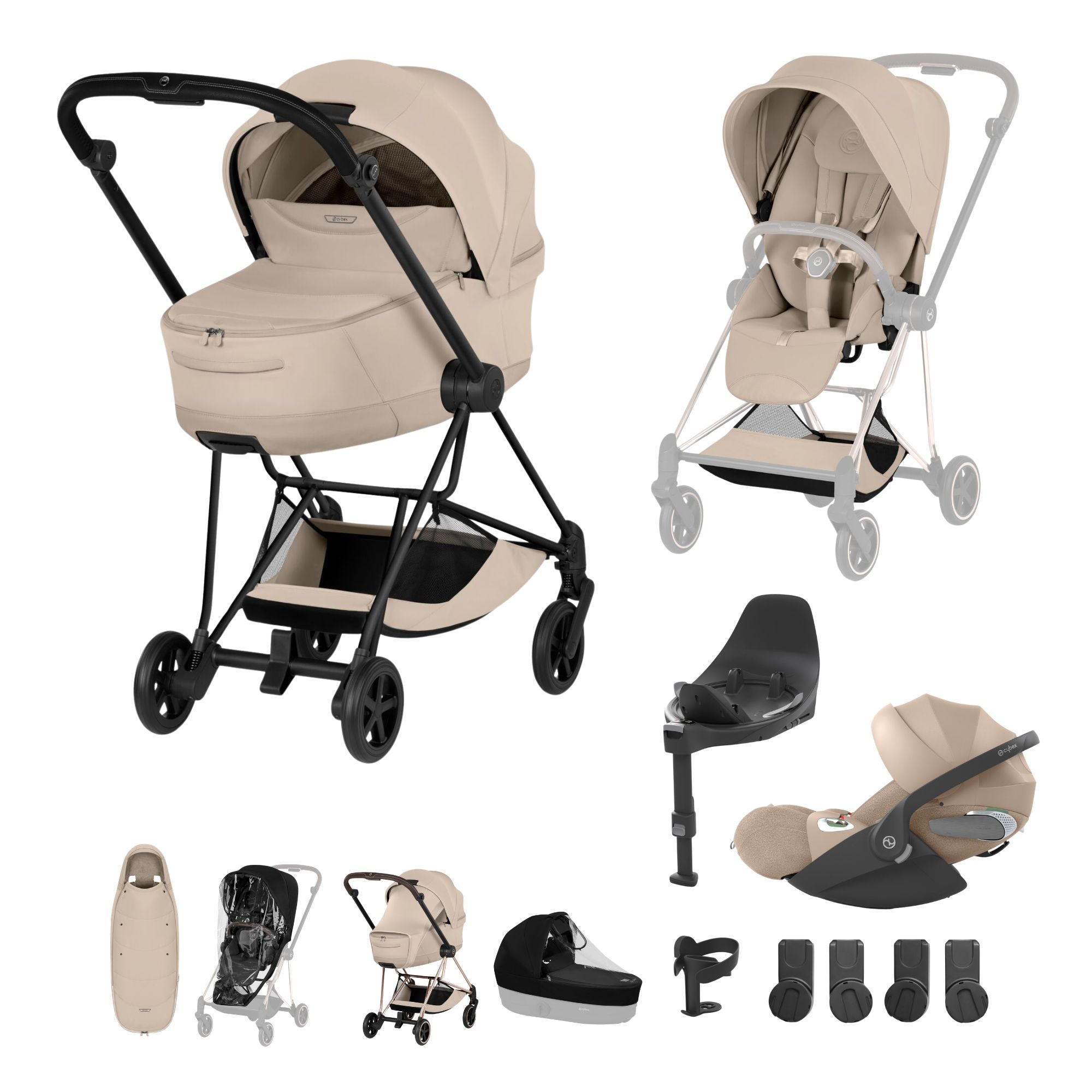 Cybex Mios Fold Cot Ultimate Travel System Bundle - Style Cozy Beige & Matt Black Frame