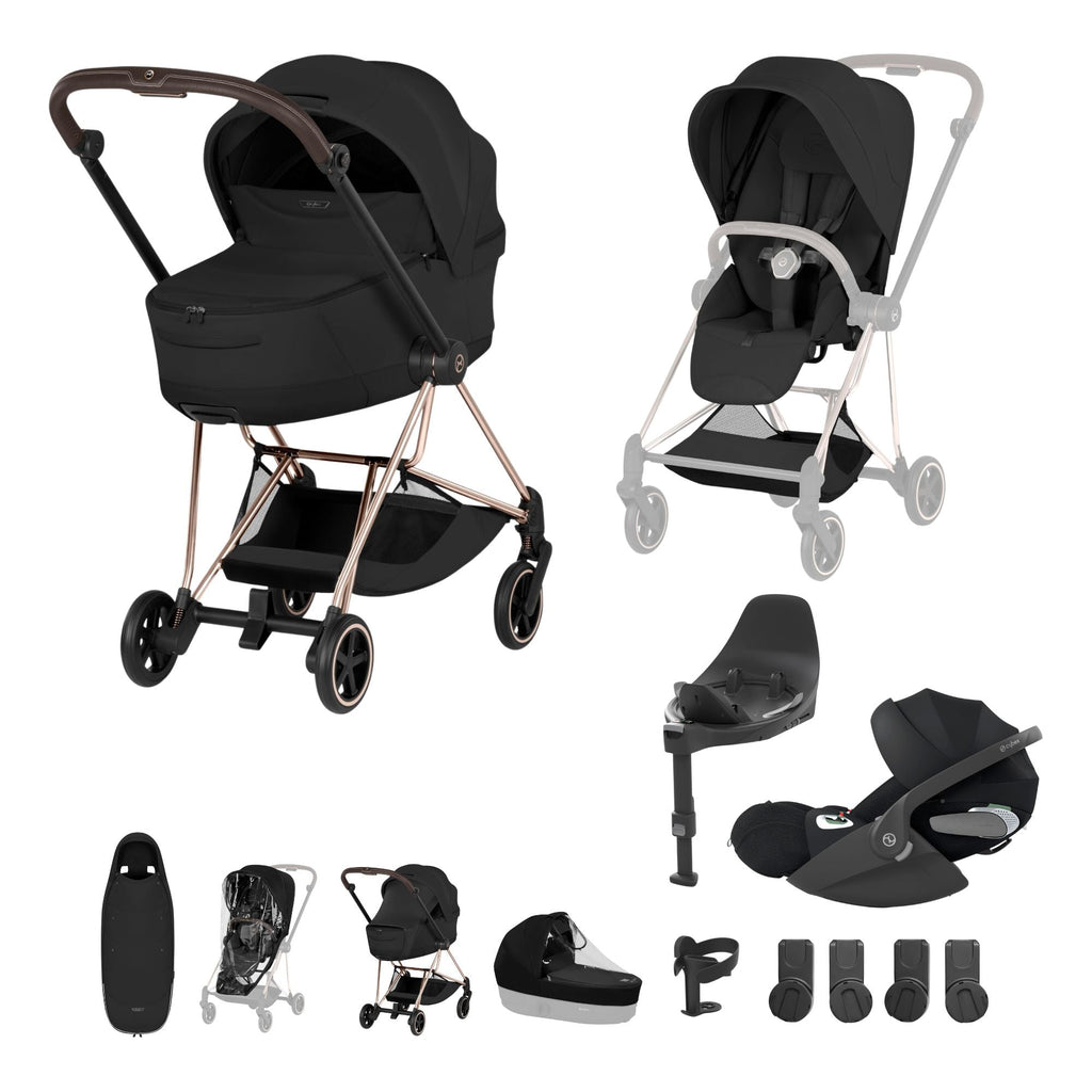 Cybex Mios Fold Cot Ultimate Travel System Bundle- Style Sepia Black & Rose Gold Frame
