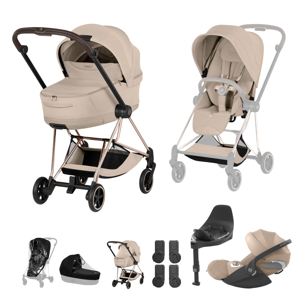 Cybex Mios Fold Cot Travel System Bundle - Style Cozy Beige & Rose Gold Frame