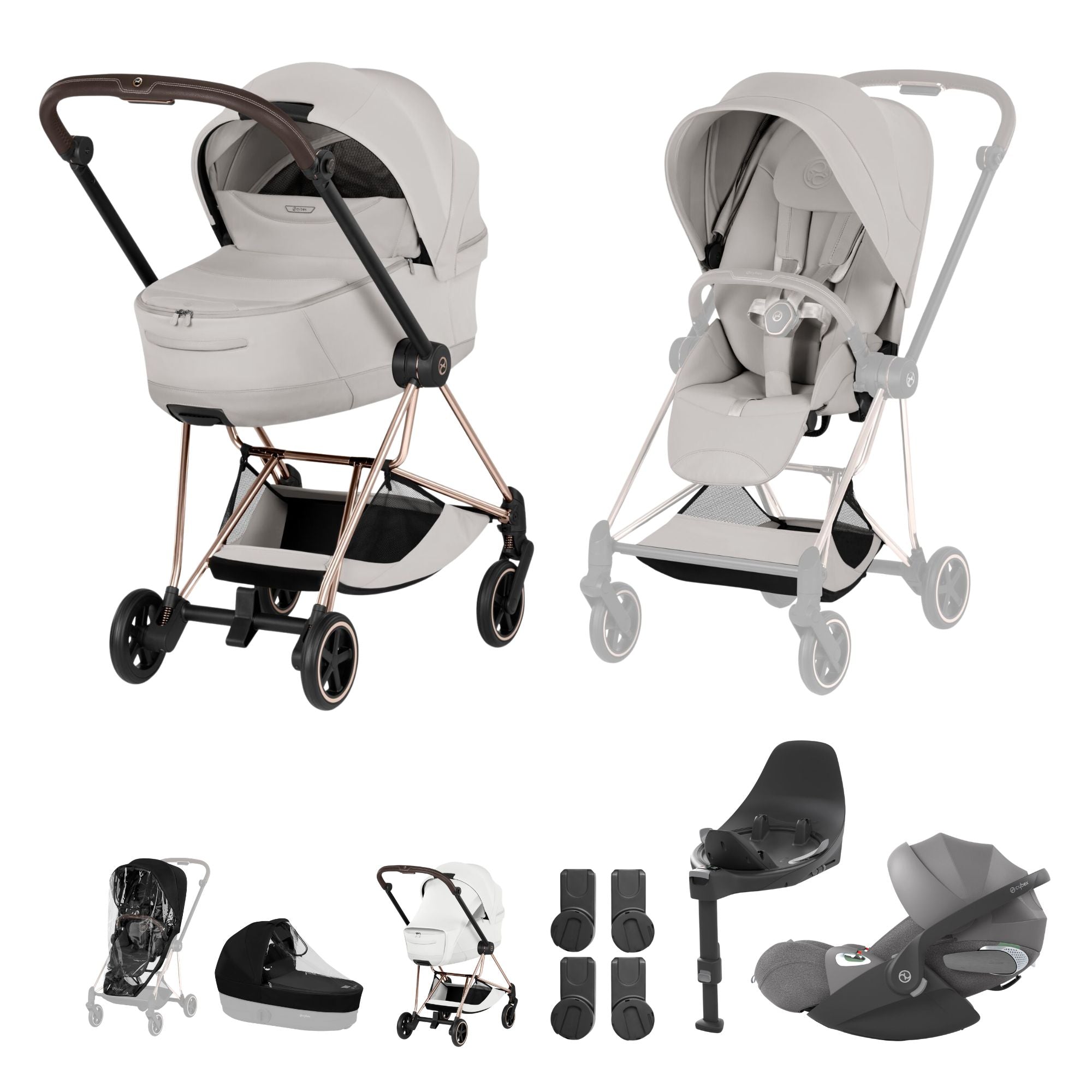 Cybex Mios Fold Cot Travel System Bundle - Style City Grey & Rose Gold Frame