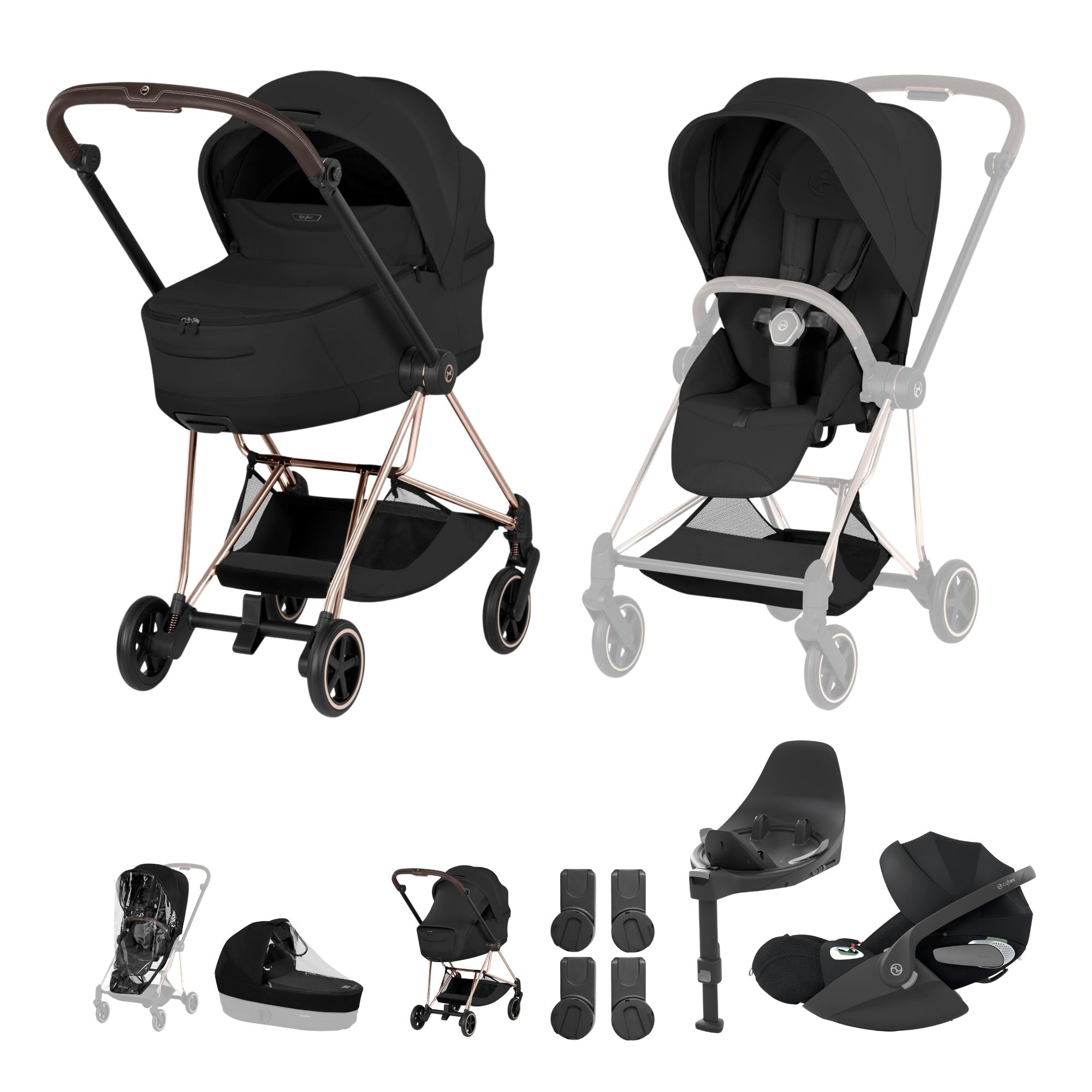 Cybex Mios Fold Cot Travel System Bundle - Style Sepia Black & Rose Gold Frame