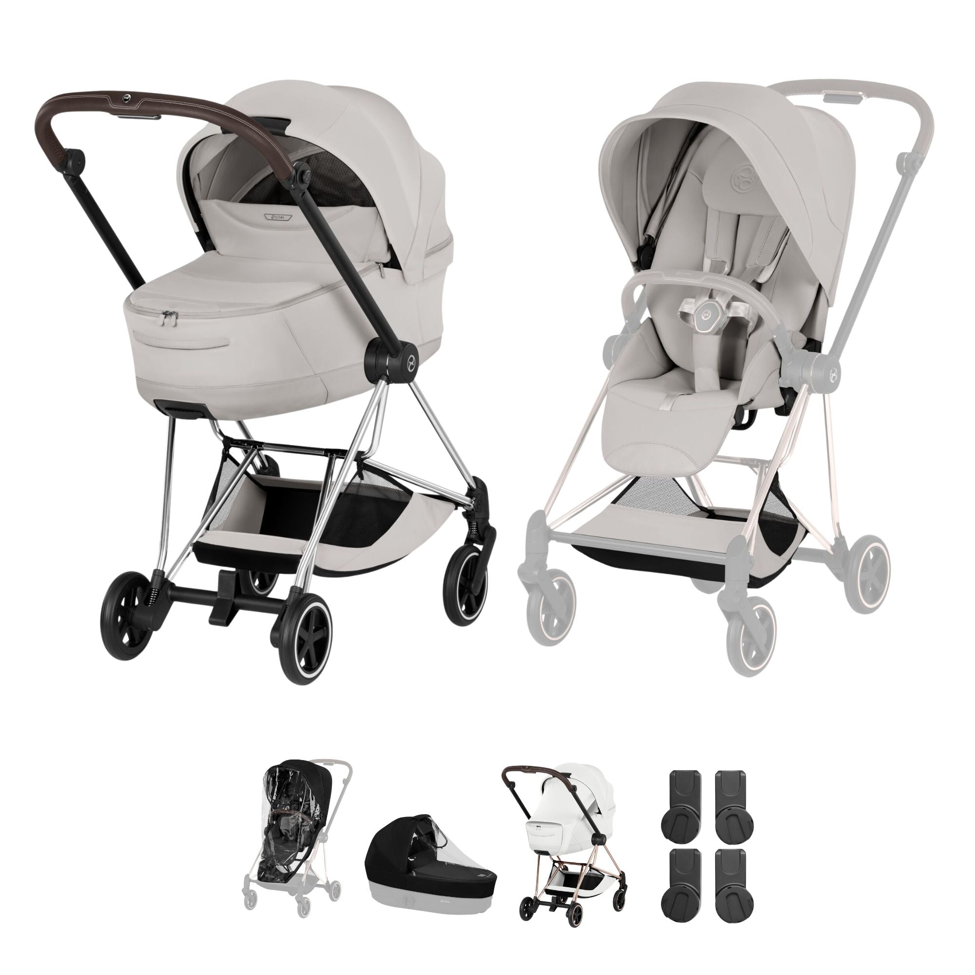 Cybex Mios Style Pushchair & Fold Cot Bundle - City Grey & Chrome Brown Frame