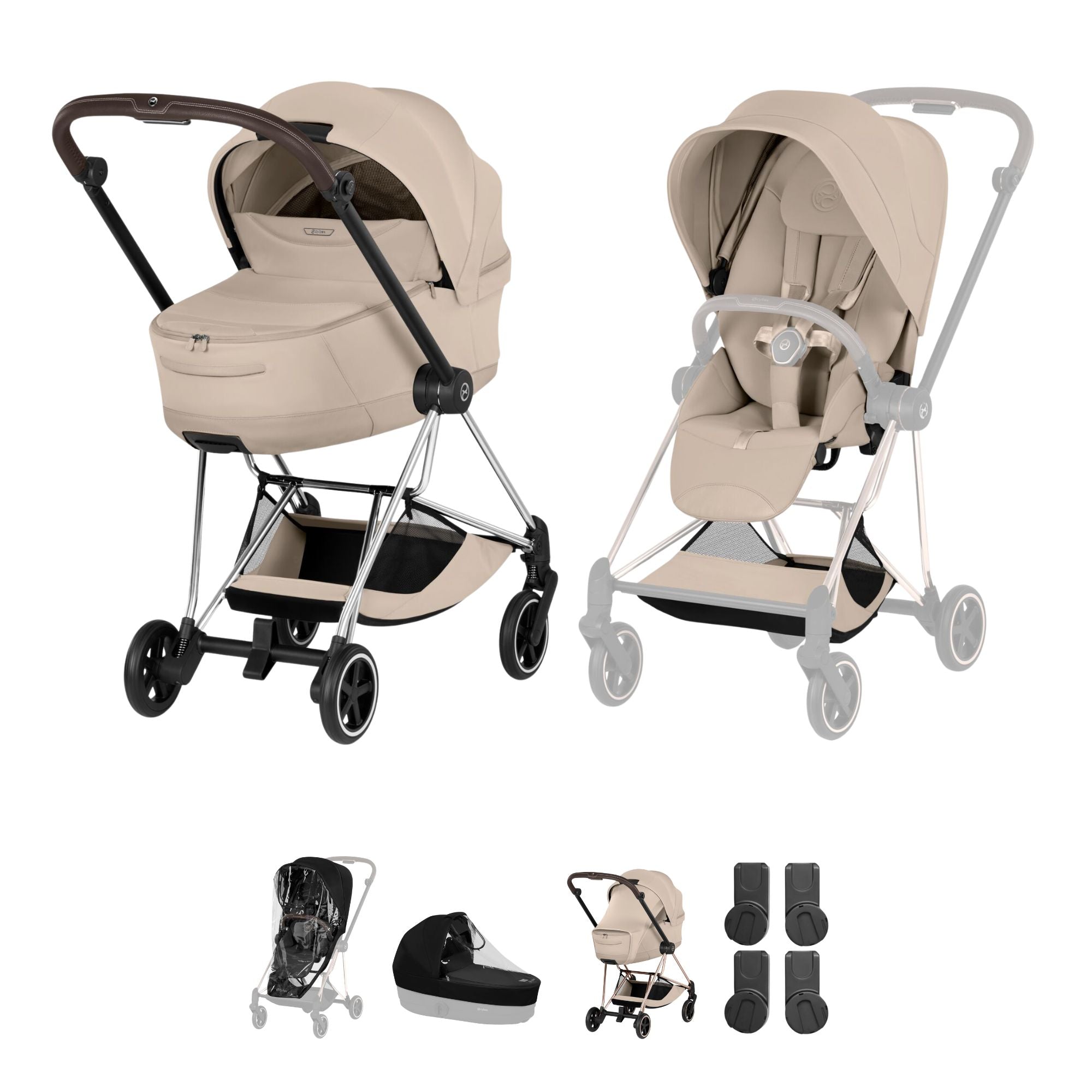 Cybex Mios Style Pushchair & Fold Cot Bundle - Cozy Beige & Chrome Brown Frame