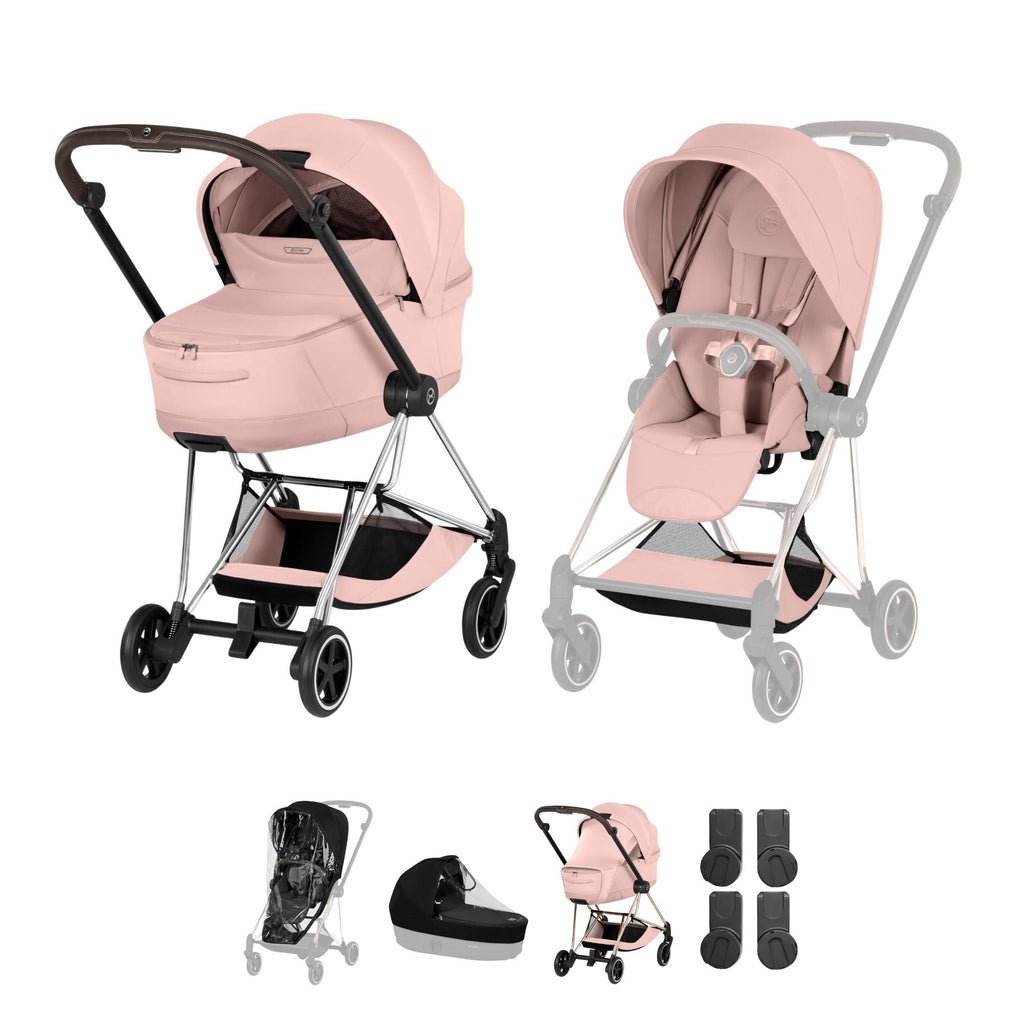 Cybex Mios Style Pushchair & Fold Cot Bundle - Peach Pink & Chrome Brown Frame