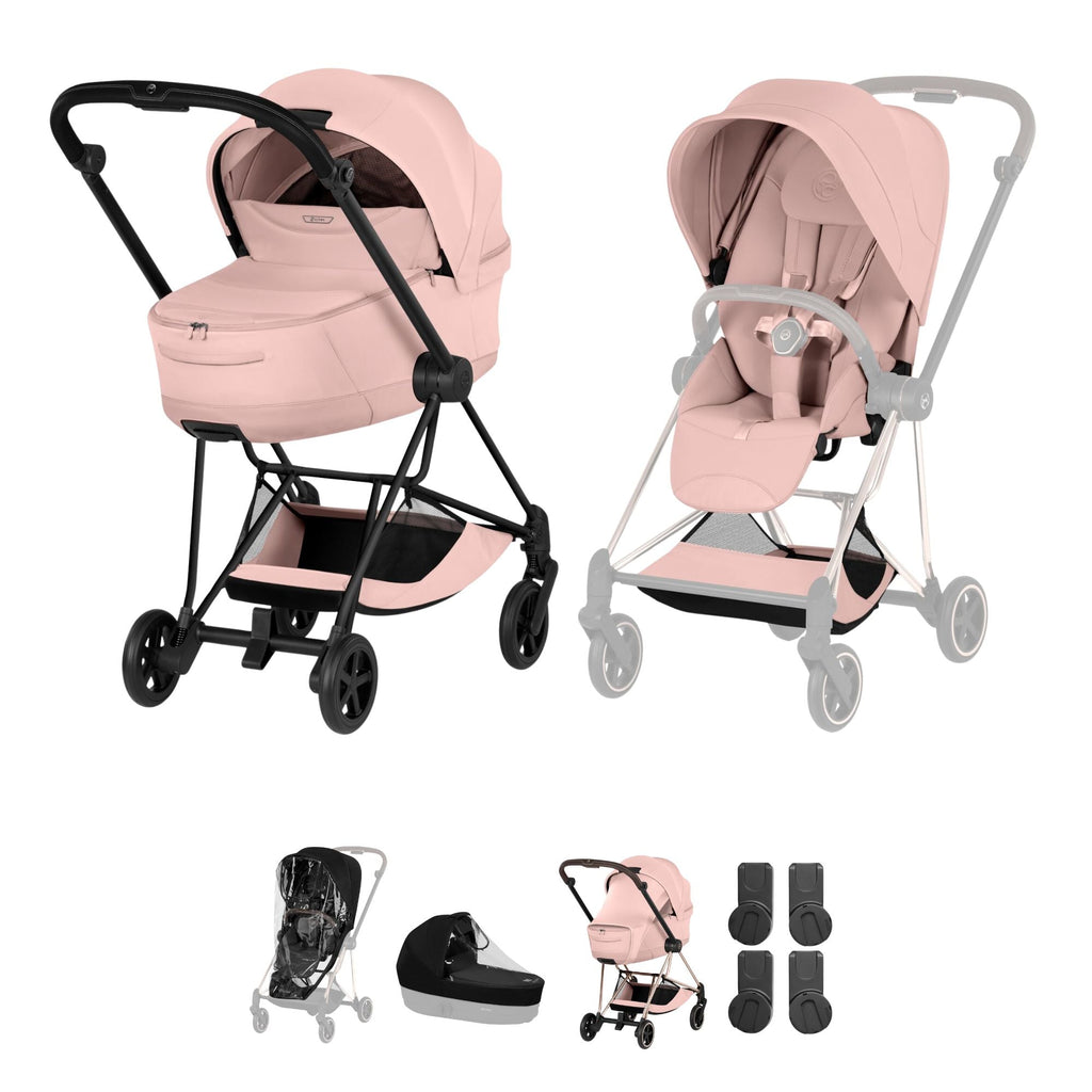 Cybex Mios Style Pushchair & Fold Cot Bundle - Peach Pink & Matt Black Frame
