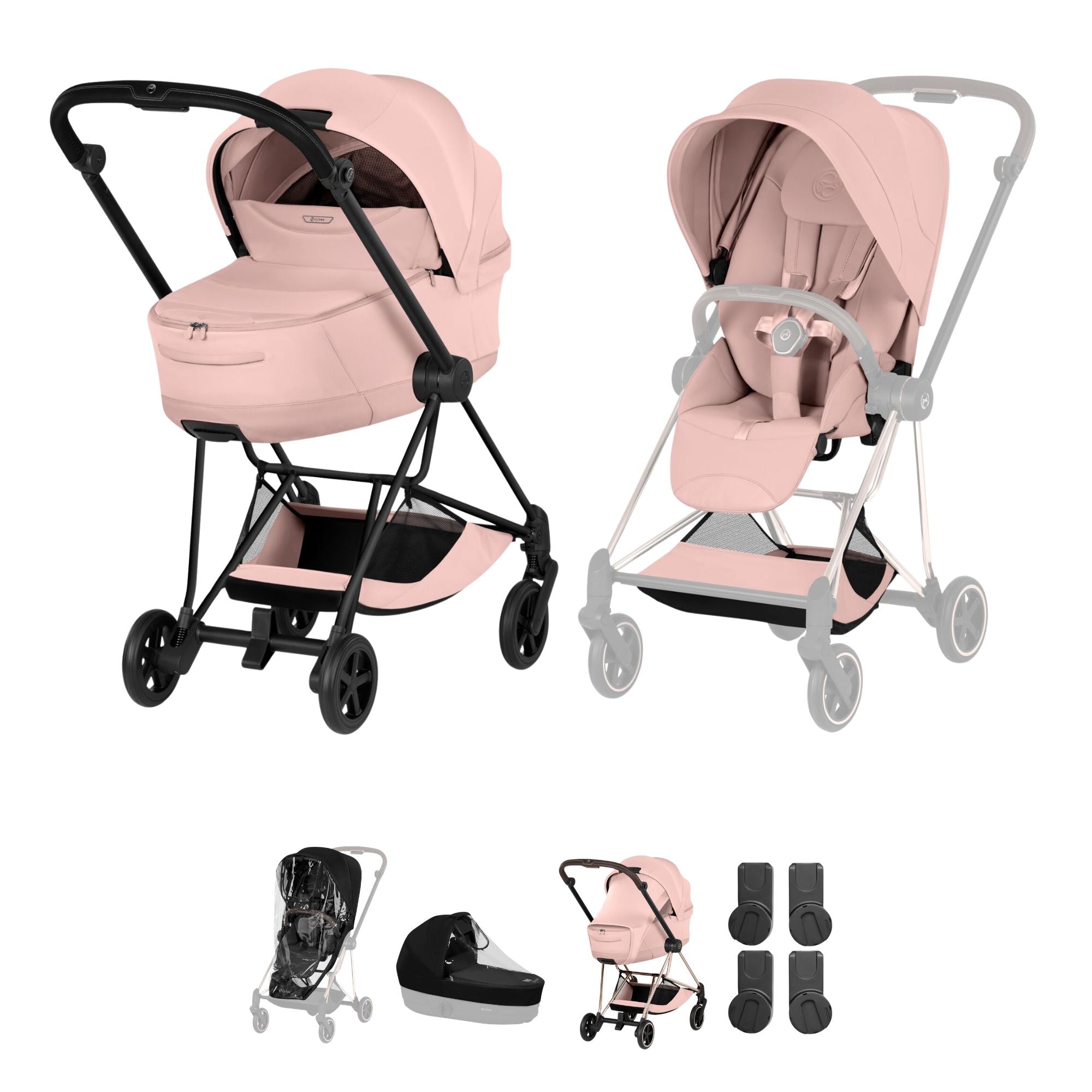 Cybex Mios Style Pushchair & Fold Cot Bundle - Peach Pink & Matt Black Frame
