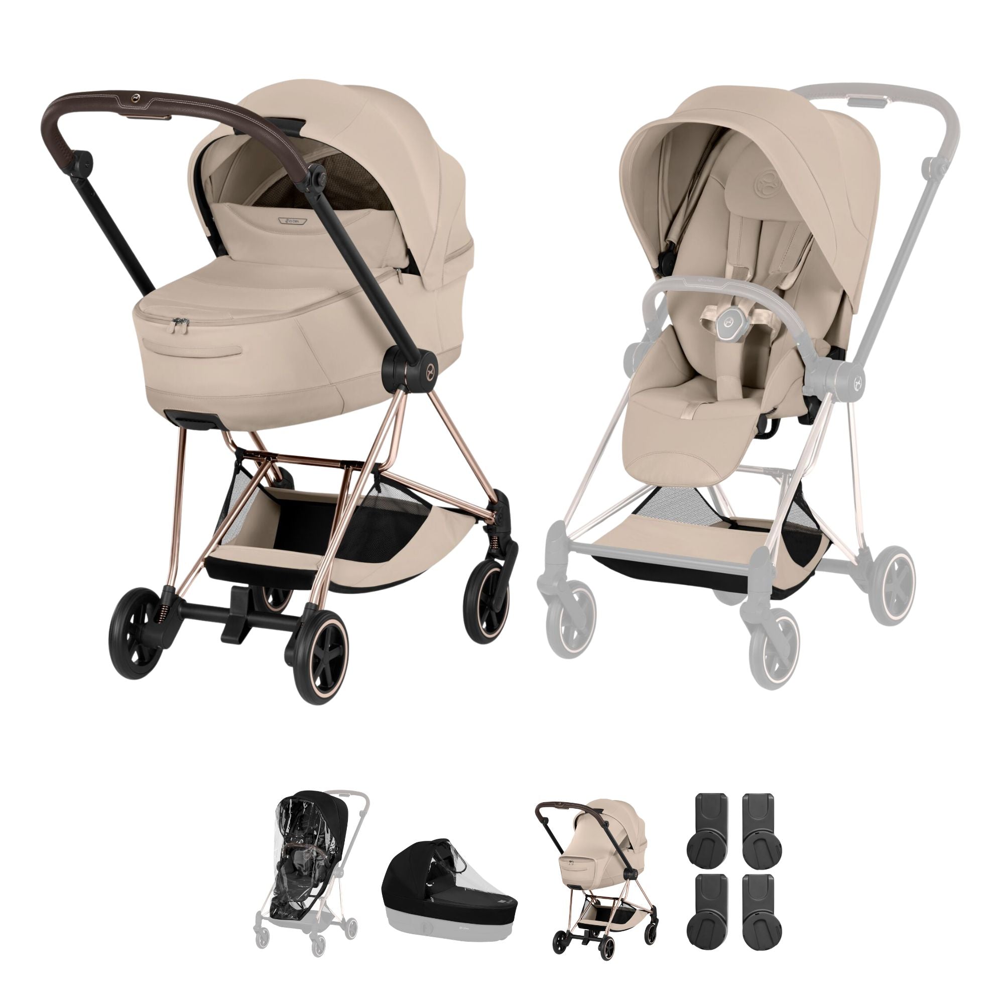 Cybex Mios Style Pushchair & Fold Cot Bundle - Cozy Beige & Rose Gold Frame