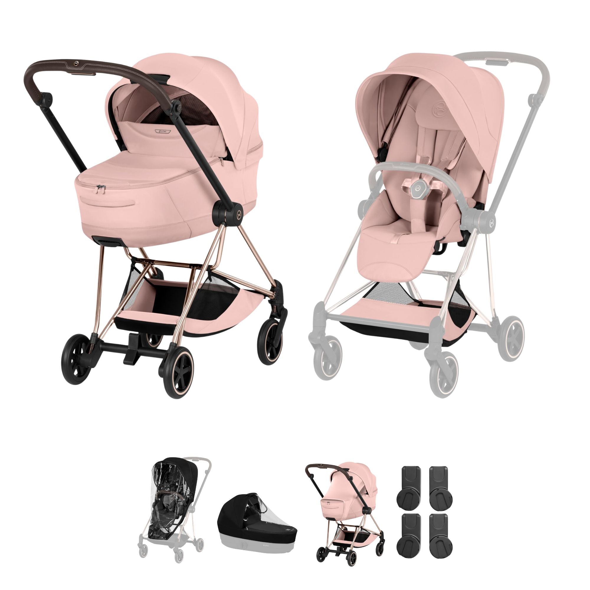 Cybex Mios Style Pushchair & Fold Cot Bundle - Peach Pink & Rose Gold Frame