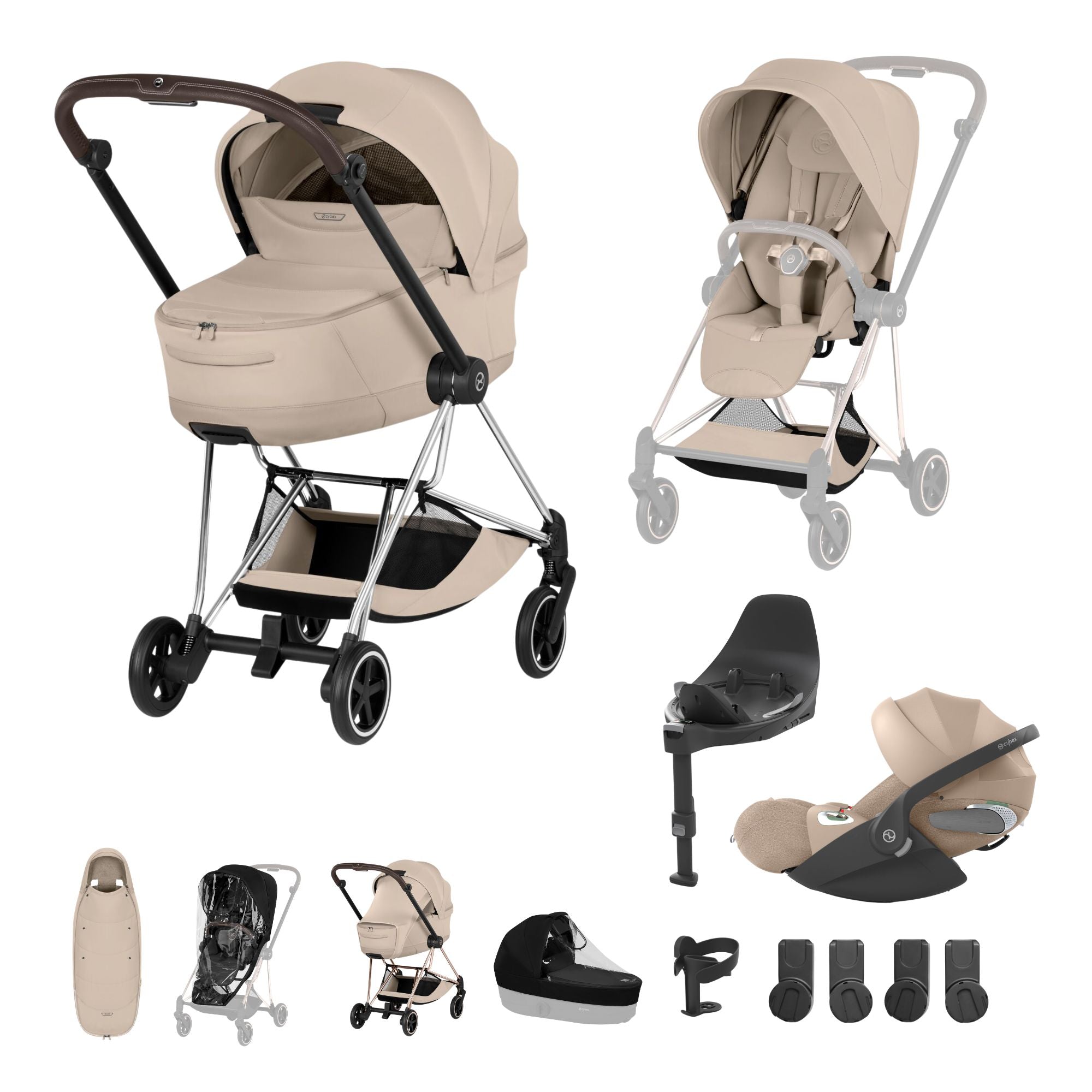 Cybex Mios Fold Cot Ultimate Travel System Bundle - Style Cozy Beige & Chrome Brown Frame
