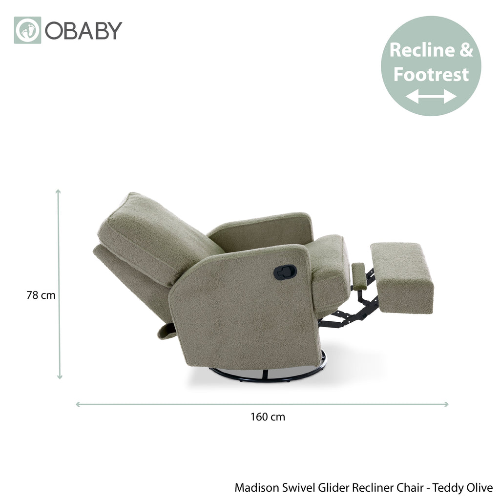 Obaby Madison Swivel Glider Recliner Chair - Teddy Fabric Olive