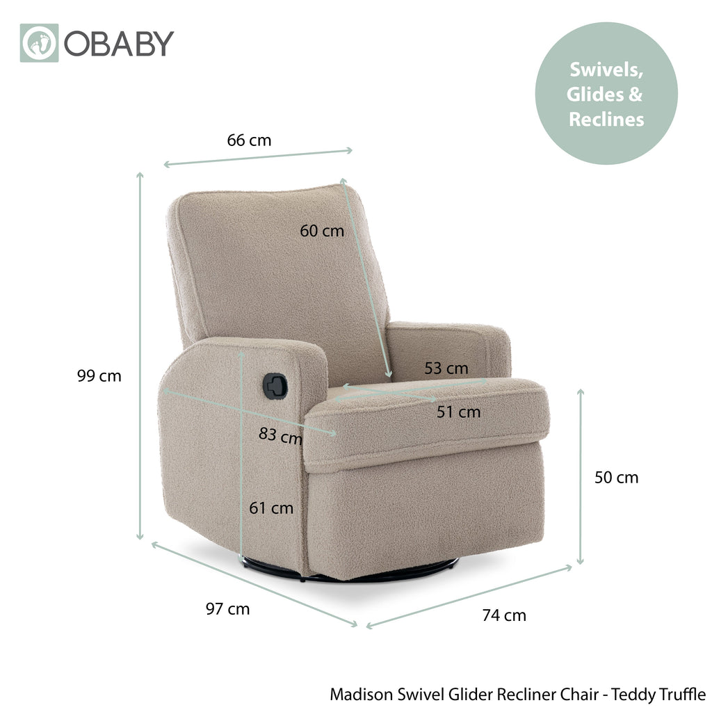 Obaby Madison Swivel Glider Recliner Chair - Teddy Fabric Truffle