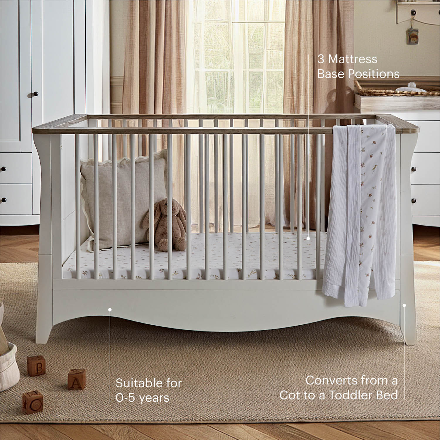 CuddleCo Clara Luxe 3 Piece Nursery Furniture Set (Cot Bed, Dresser & Wardrobe) - White & Ash
