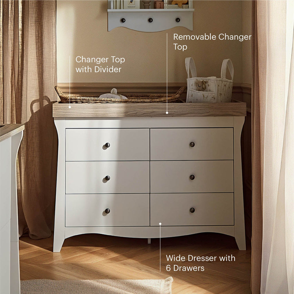CuddleCo Clara Luxe 2 Piece Nursery Furniture Set (Cot Bed & Dresser) - White & Ash