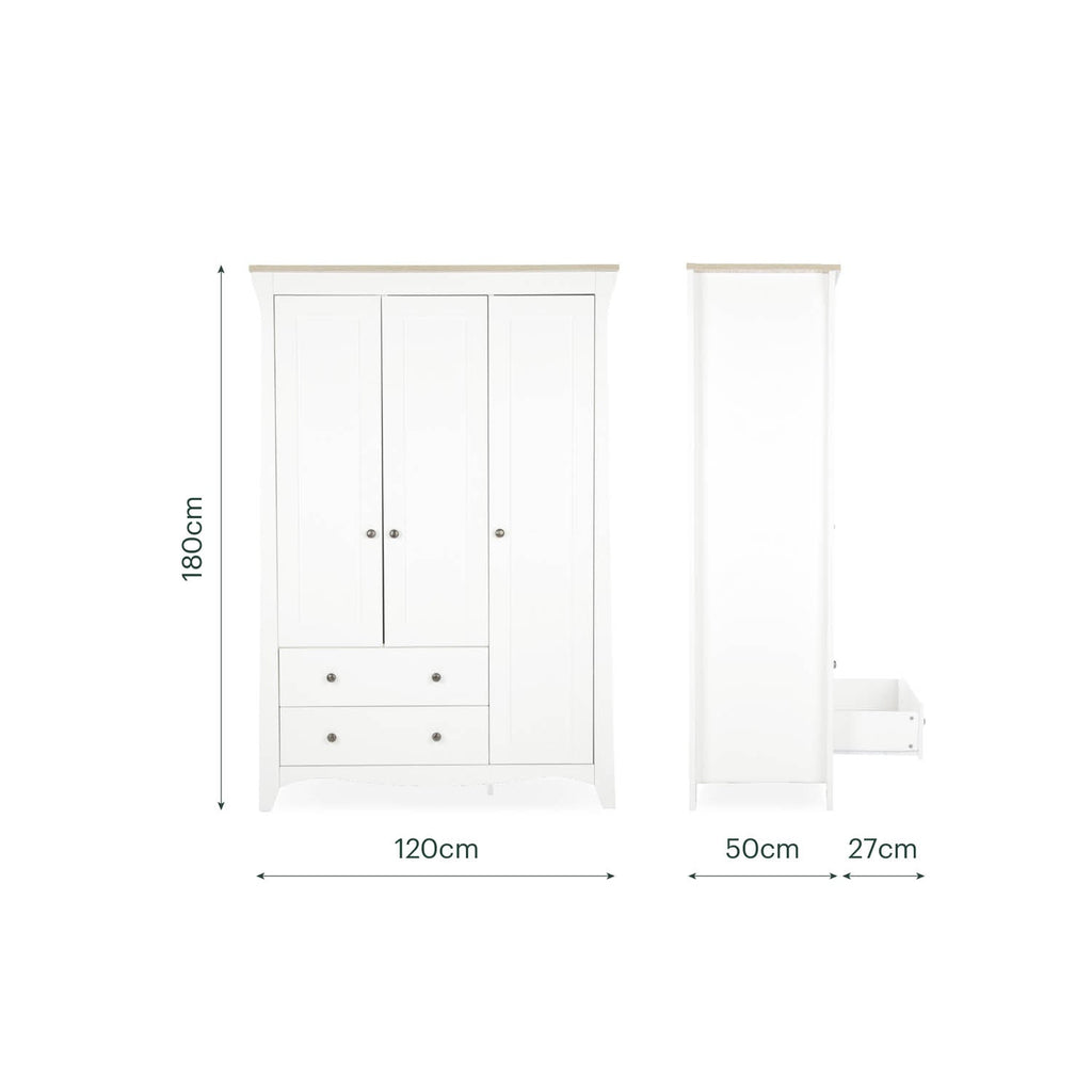 CuddleCo Clara Luxe 3 Piece Nursery Furniture Set (Cot Bed, Dresser & Wardrobe) - White & Ash