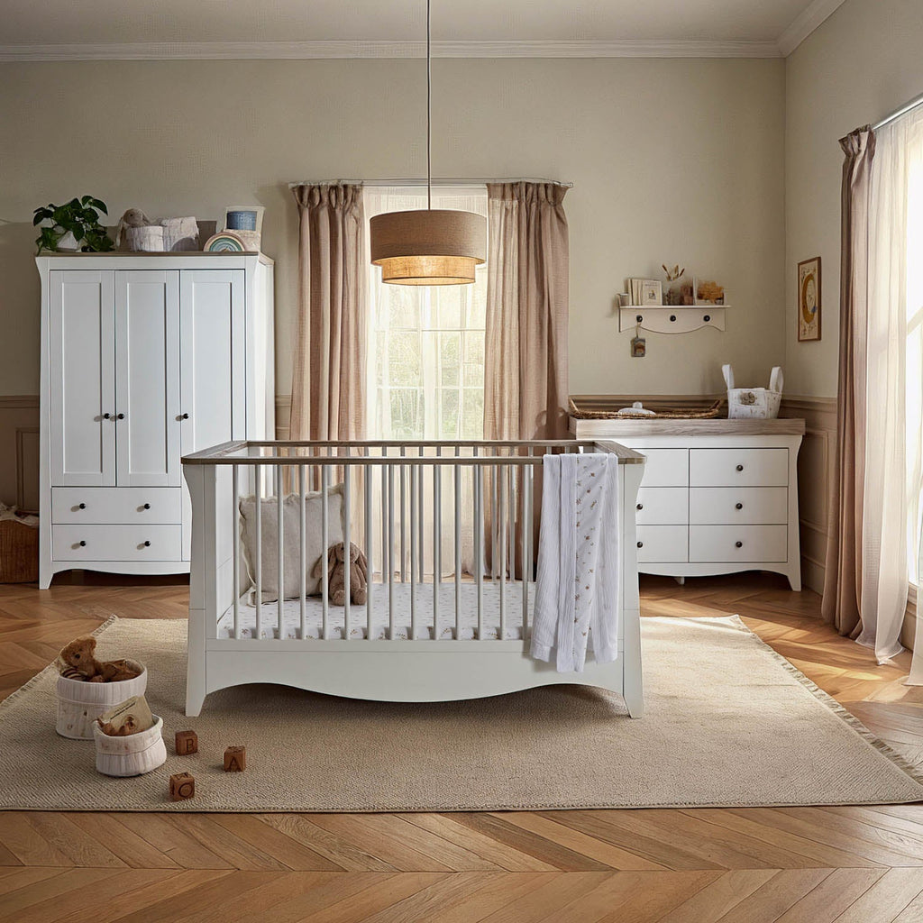 CuddleCo Clara Luxe 3 Piece Nursery Furniture Set (Cot Bed, Dresser & Wardrobe) - White & Ash