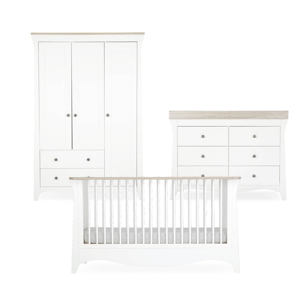 CuddleCo Clara Luxe 3 Piece Nursery Furniture Set (Cot Bed, Dresser & Wardrobe) - White & Ash