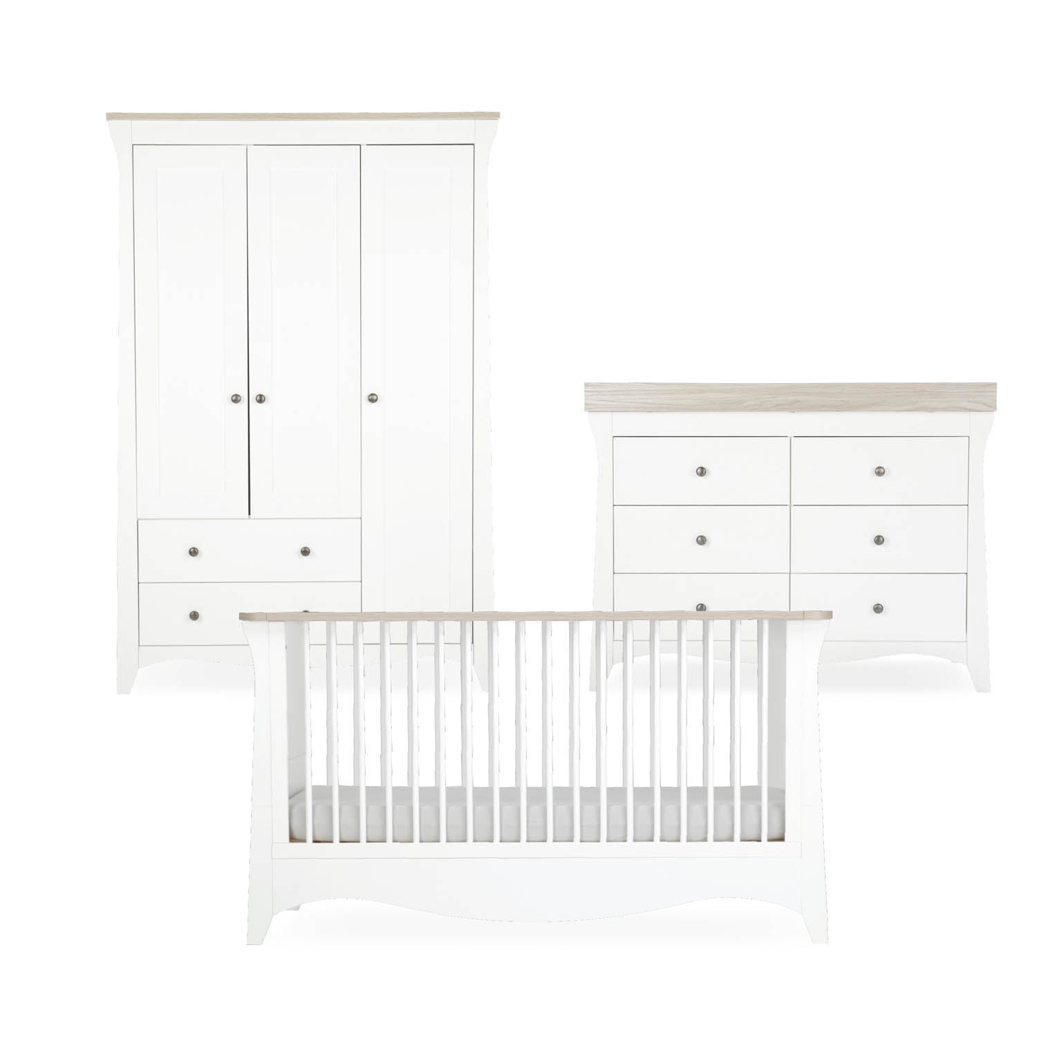 CuddleCo Clara Luxe 3 Piece Nursery Furniture Set (Cot Bed, Dresser & Wardrobe) - White & Ash