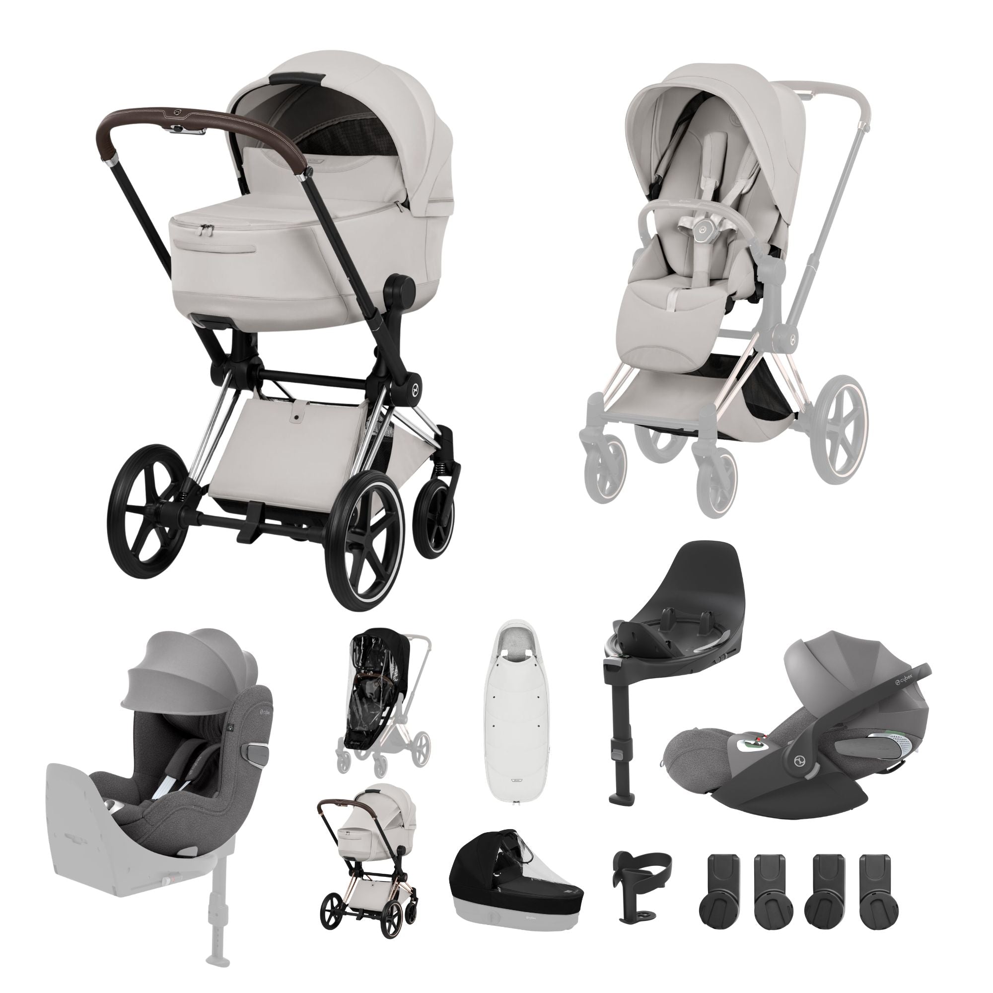 Cybex PRIAM Fold Cot Newborn to Toddler Travel System Bundle - Style City Grey & Chrome Brown Frame