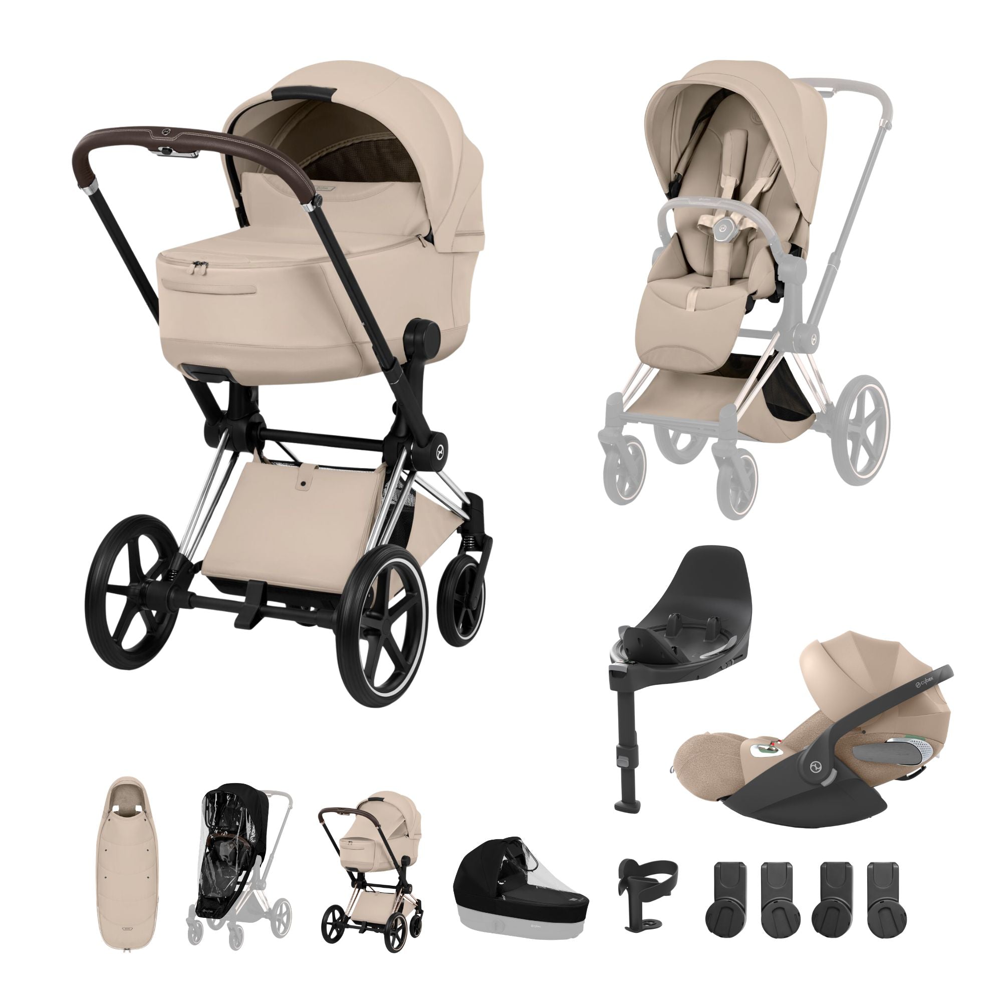 Cybex PRIAM Fold Cot Ultimate Travel System Bundle - Style Cozy Beige & Chrome Brown Frame