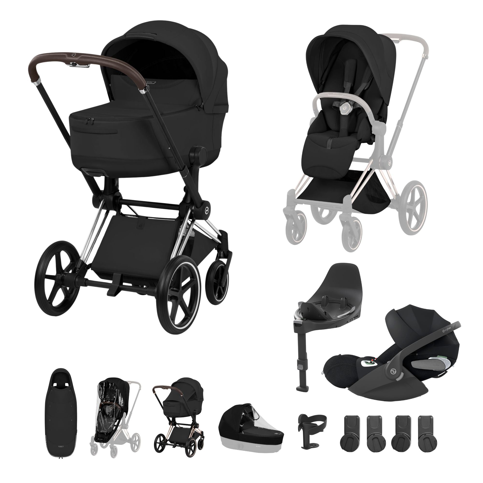 Cybex PRIAM Fold Cot Ultimate Travel System Bundle - Style Sepia Black & Chrome Brown Frame