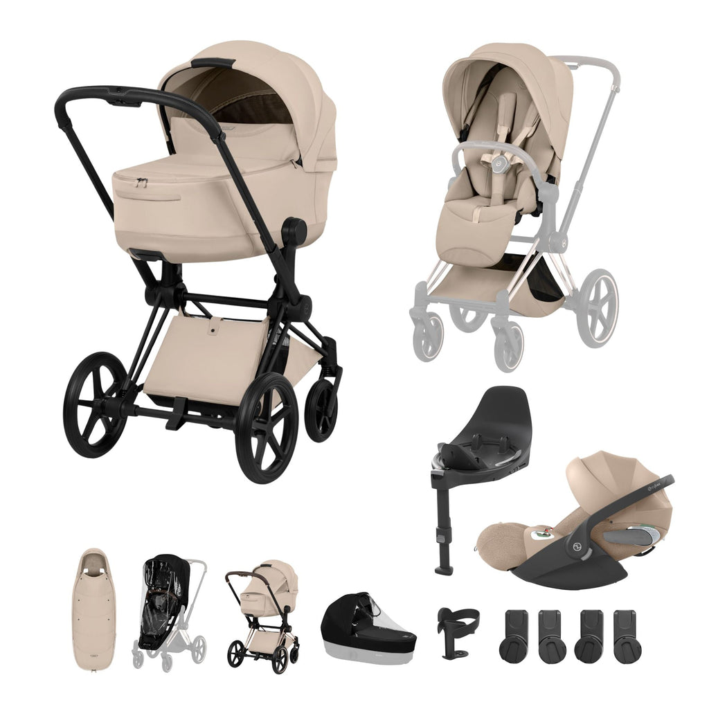 Cybex PRIAM Fold Cot Ultimate Travel System Bundle - Style Cozy Beige & Matt Black Frame