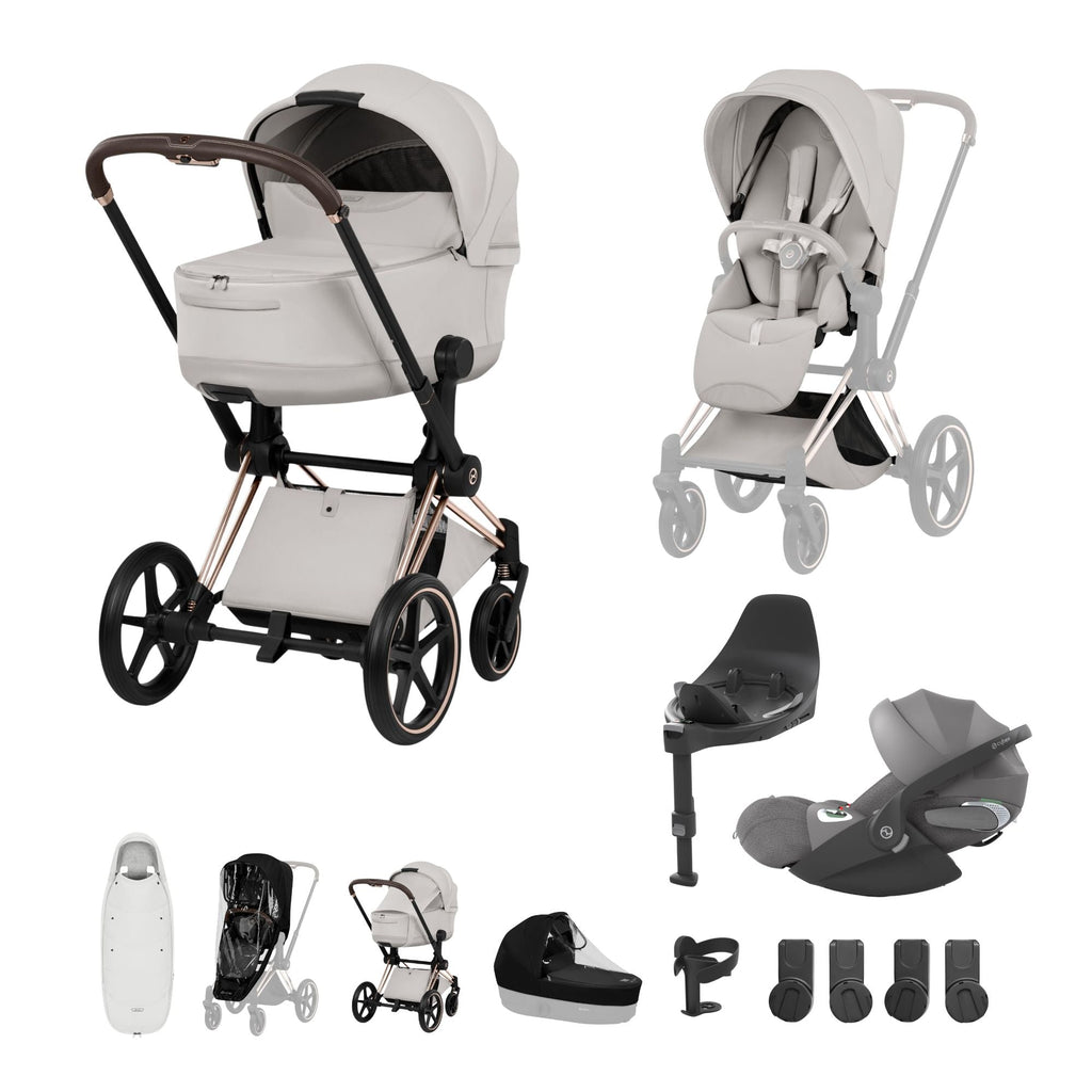 Cybex PRIAM Fold Cot Ultimate Travel System Bundle - Style City Grey & Rose Gold Frame