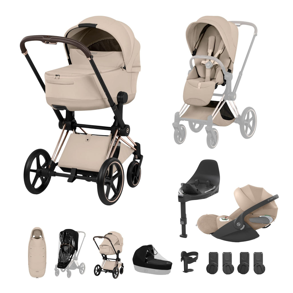 Cybex PRIAM Fold Cot Ultimate Travel System Bundle - Style Cozy Beige & Rose Gold Frame
