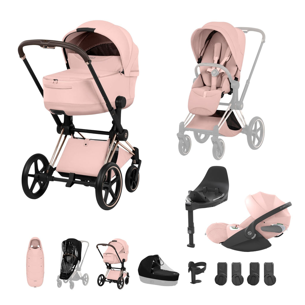 Cybex PRIAM Fold Cot Ultimate Travel System Bundle - Style Peach Pink & Rose Gold Frame