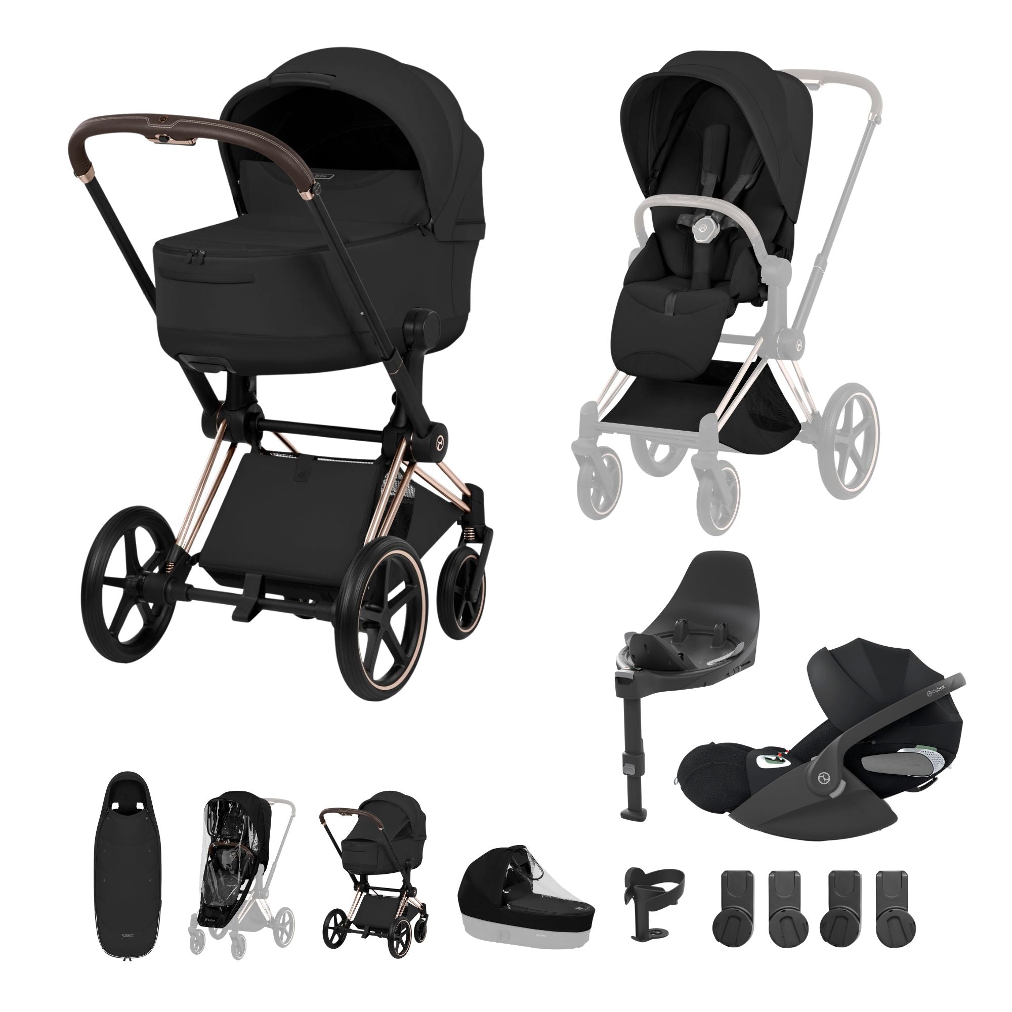 Cybex PRIAM Fold Cot Ultimate Travel System Bundle - Style Sepia Black & Rose Gold Frame