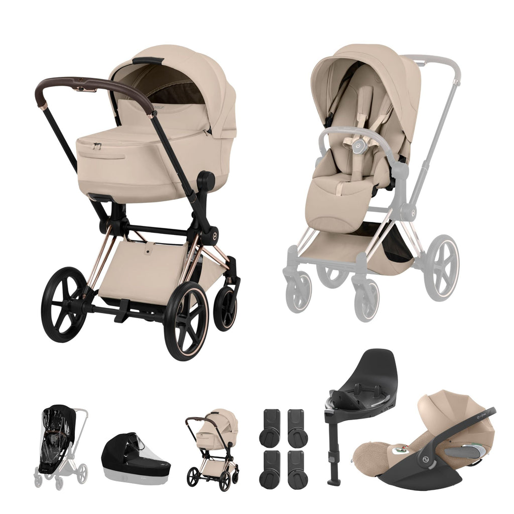 Cybex PRIAM Fold Cot Travel System Bundle - Style Cozy Beige & Rose Gold Frame