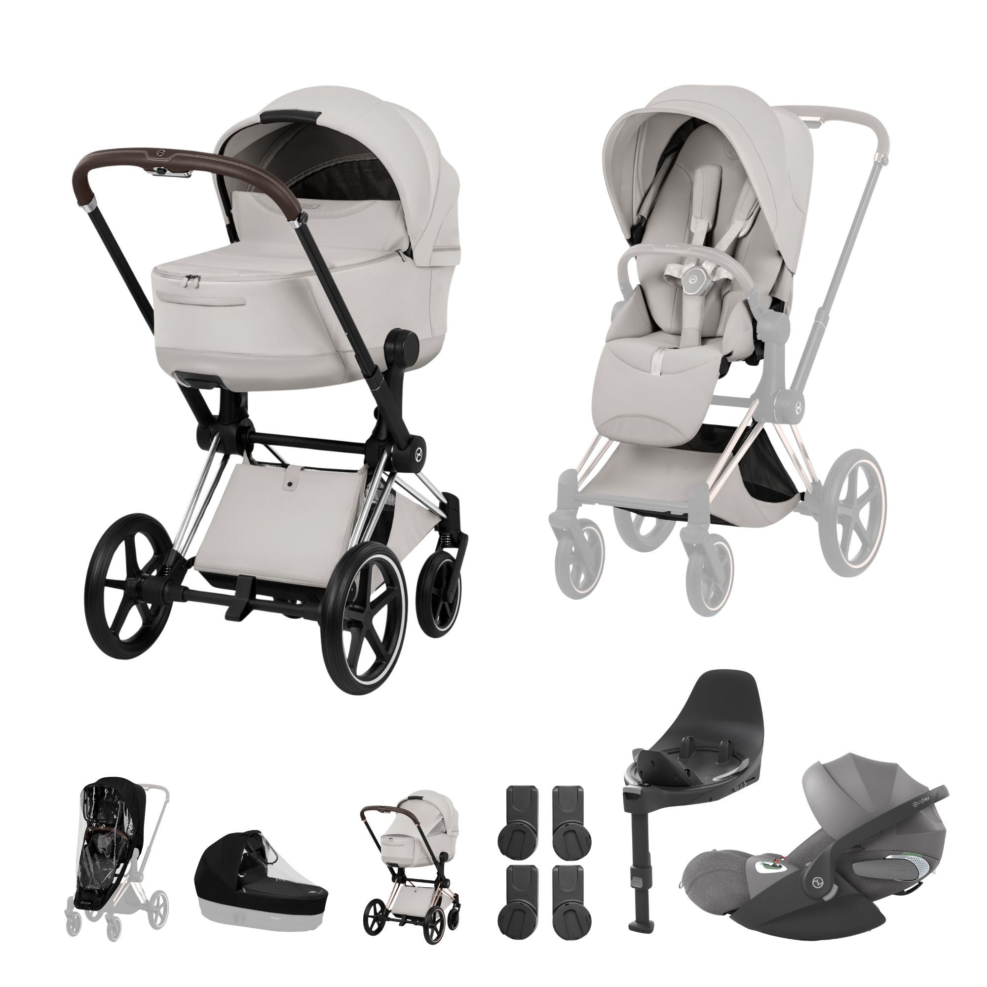 Cybex PRIAM Fold Cot Travel System Bundle - Style City Grey & Chrome Brown Frame