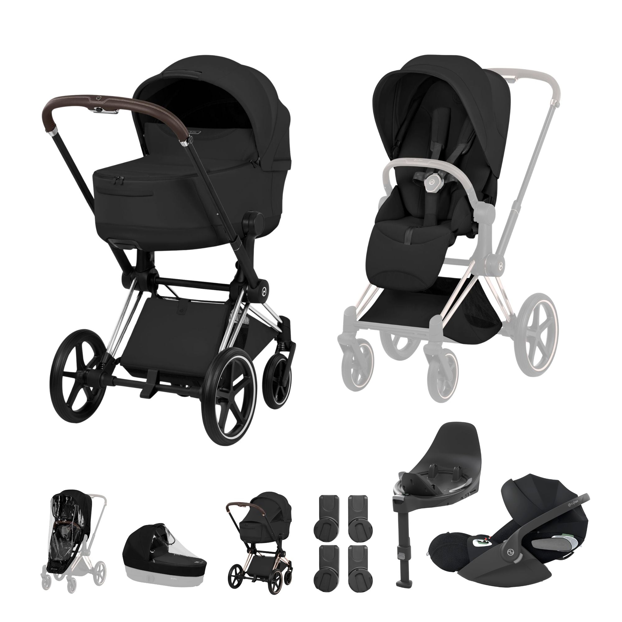 Cybex PRIAM Fold Cot Travel System Bundle - Style Sepia Black & Chrome Brown Frame