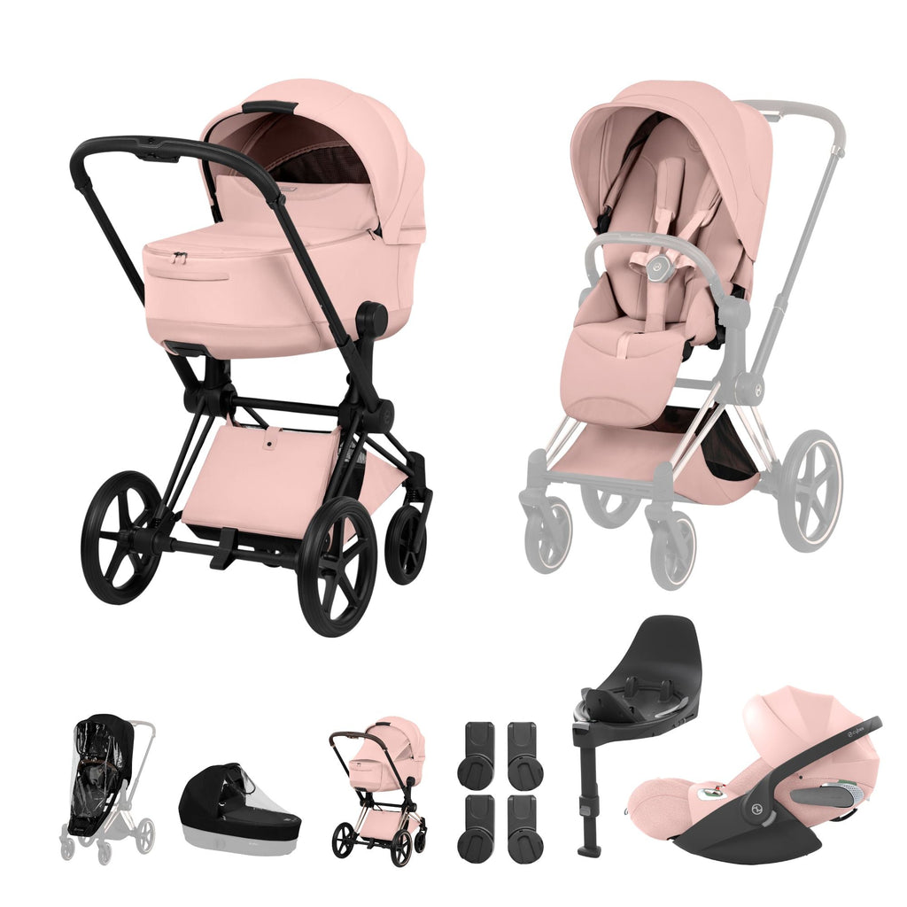 Cybex PRIAM Fold Cot Travel System Bundle - Style Peach Pink & Matt Black Frame