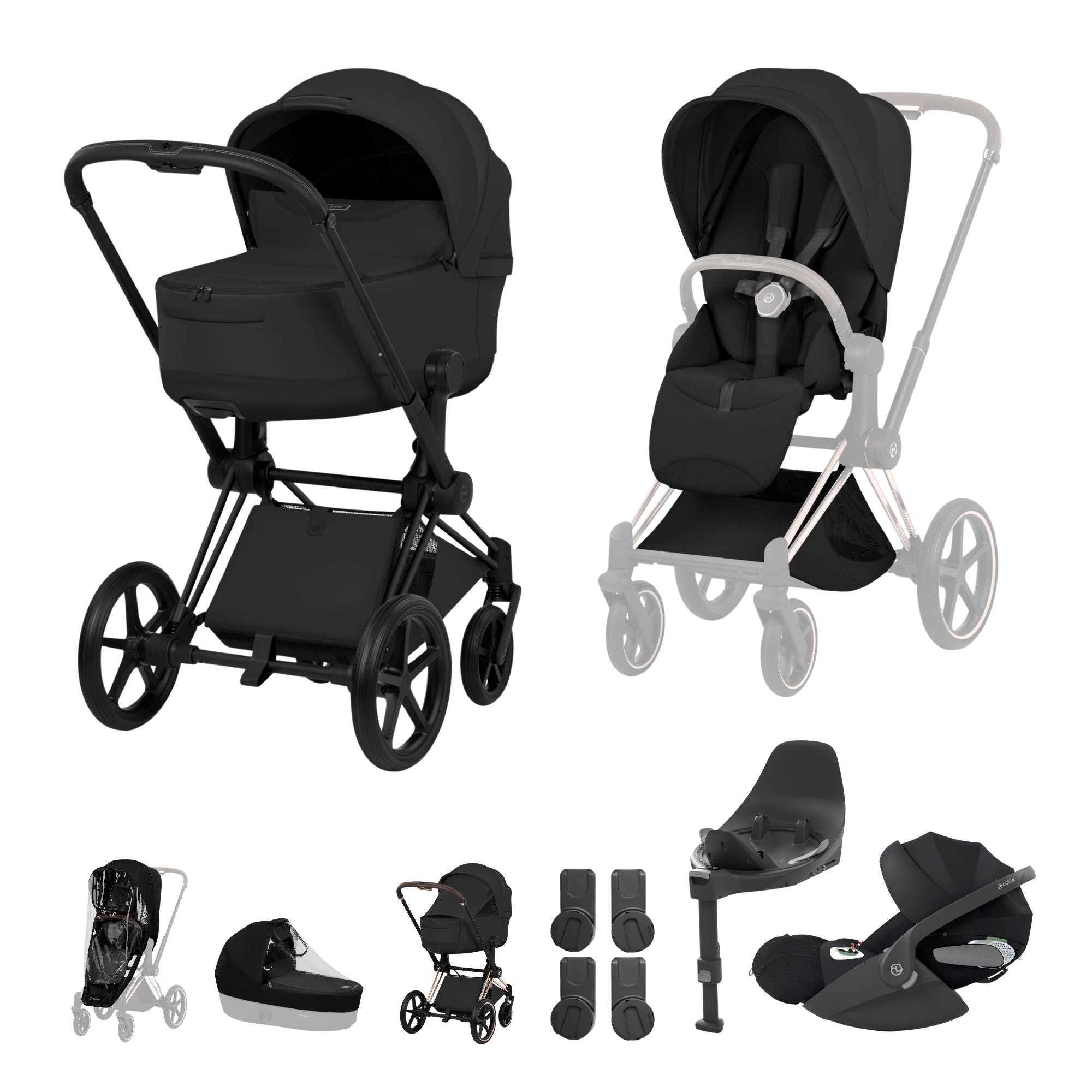 Cybex PRIAM Fold Cot Travel System Bundle - Style Sepia Black & Matt Black Frame