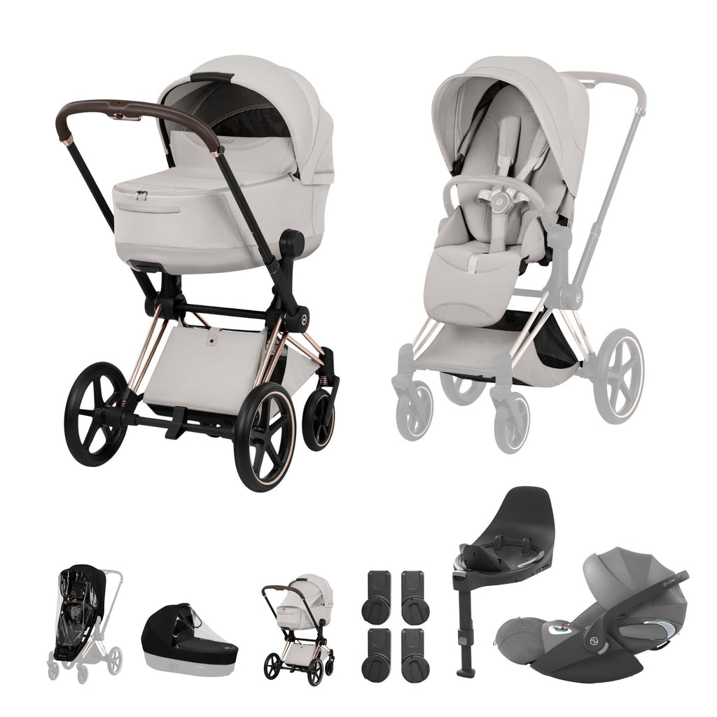 Cybex PRIAM Fold Cot Travel System Bundle - Style City Grey & Rose Gold Frame