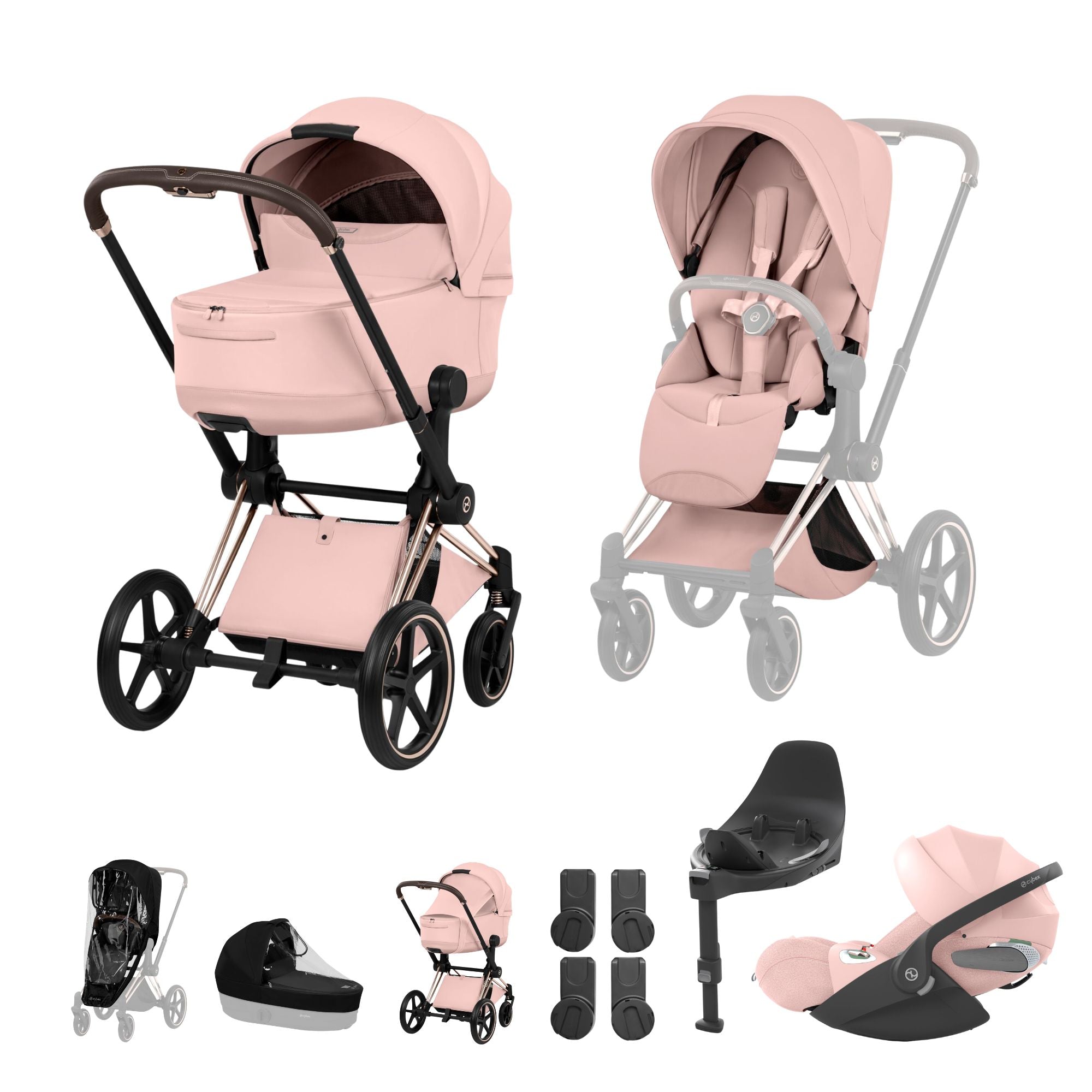 Cybex PRIAM Fold Cot Travel System Bundle - Style Peach Pink & Rose Gold Frame