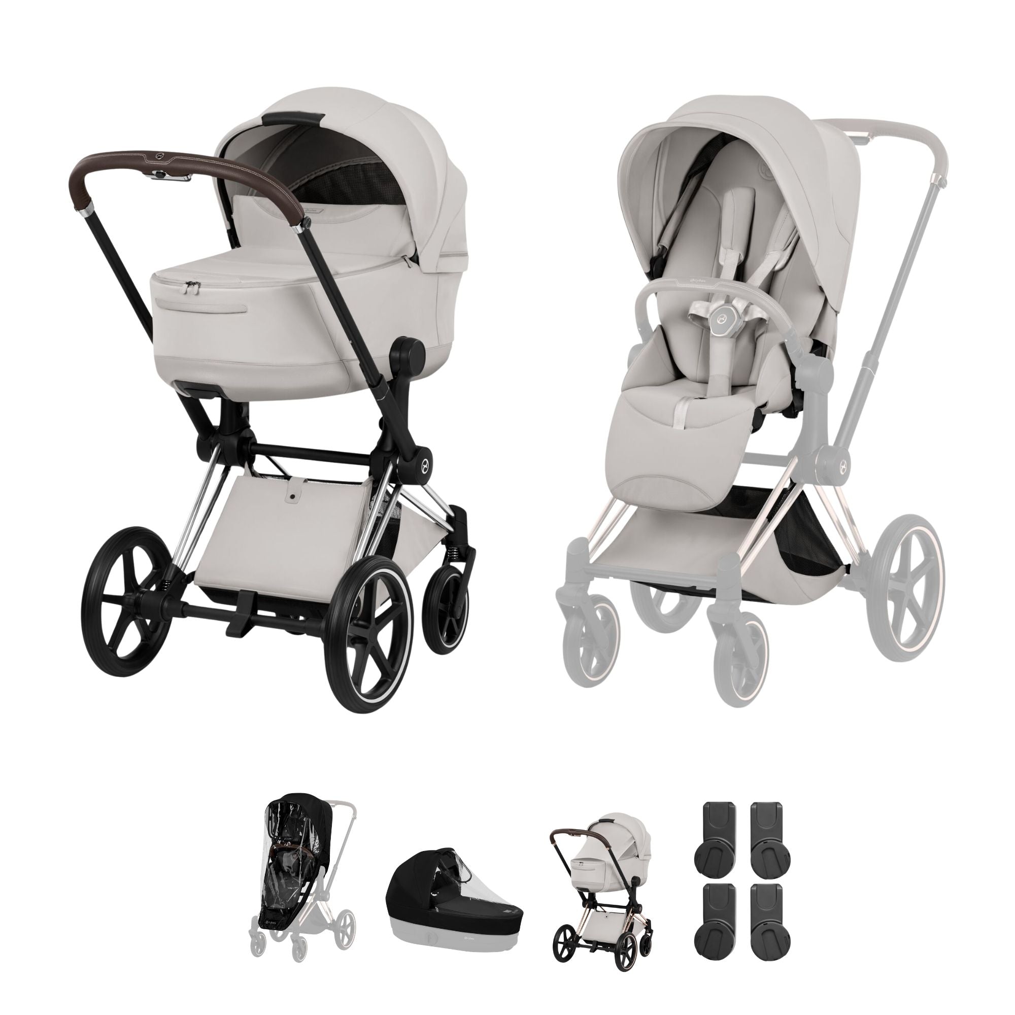 Cybex PRIAM Fold Cot Accessory Bundle - Style City Grey & Chrome Brown Frame