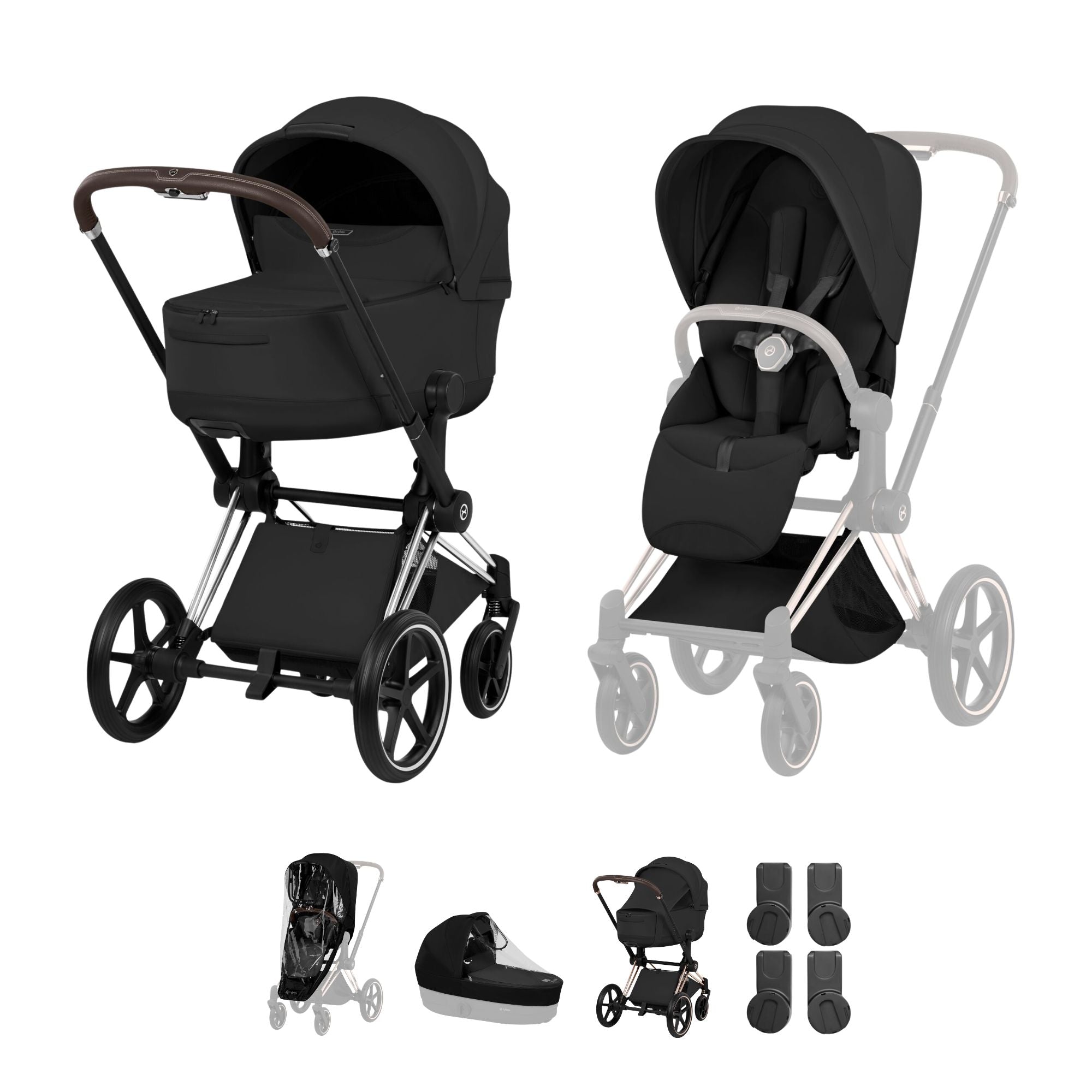 Cybex PRIAM Fold Cot Accessory Bundle - Style Sepia Black & Chrome Brown Frame