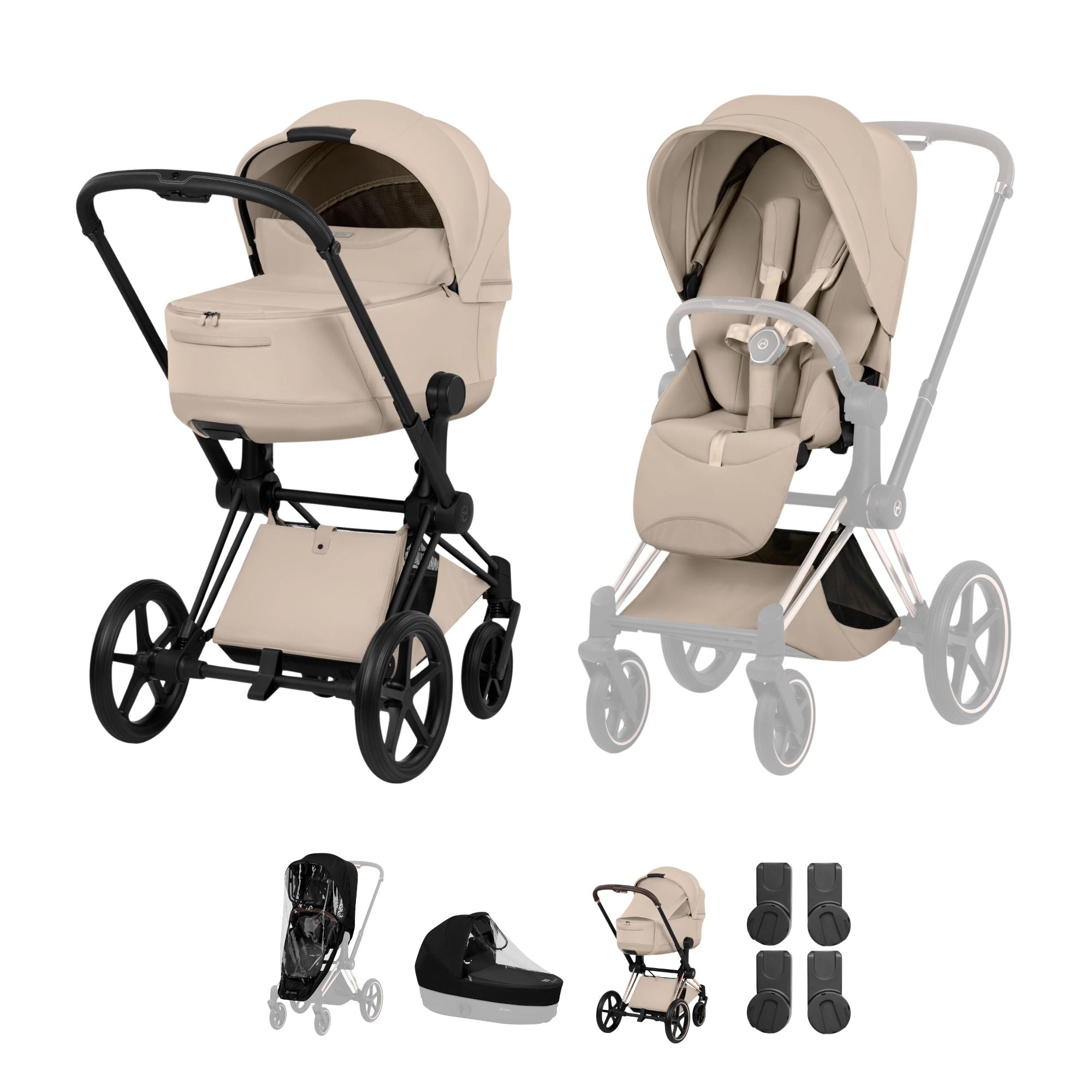 Cybex PRIAM Fold Cot Accessory Bundle - Style Cozy Beige & Matt Black Frame